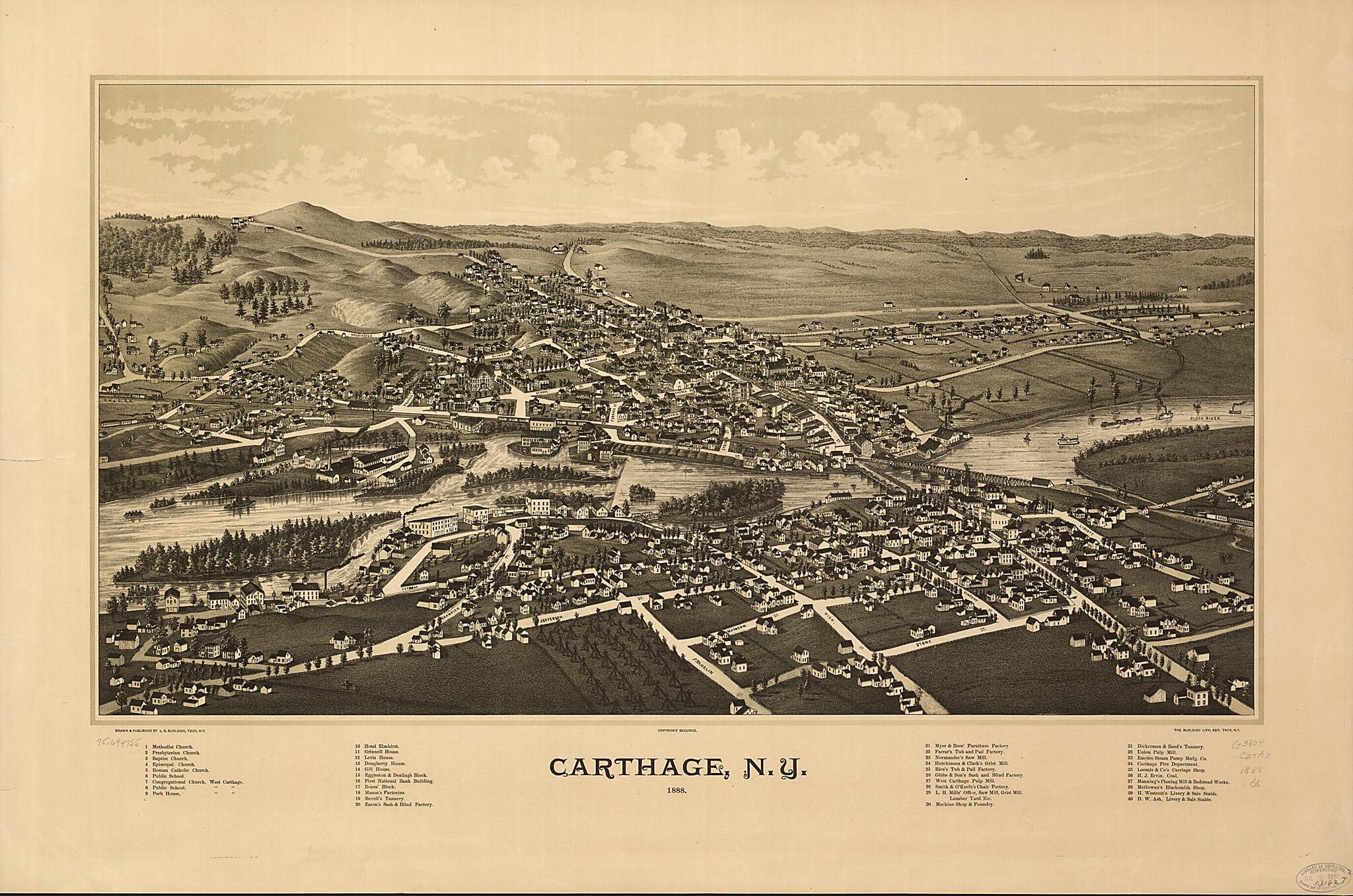 This old map of Carthage, New York from 1888 was created by Burleigh Litho, L. R. (Lucien R.) Burleigh in 1888