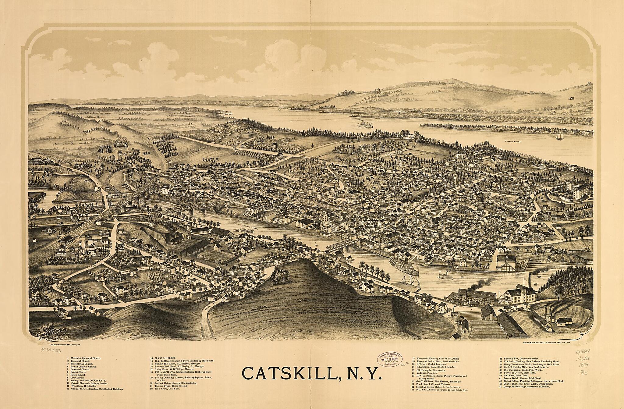 This old map of Catskill, New York from 1889 was created by Burleigh Litho, L. R. (Lucien R.) Burleigh in 1889