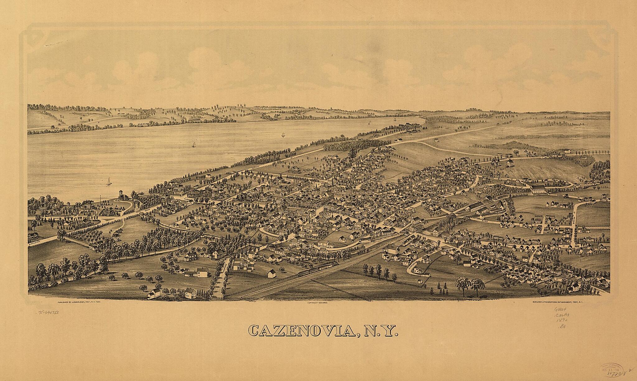 This old map of Cazenovia, New York from 1890 was created by Burleigh Litho, L. R. (Lucien R.) Burleigh in 1890