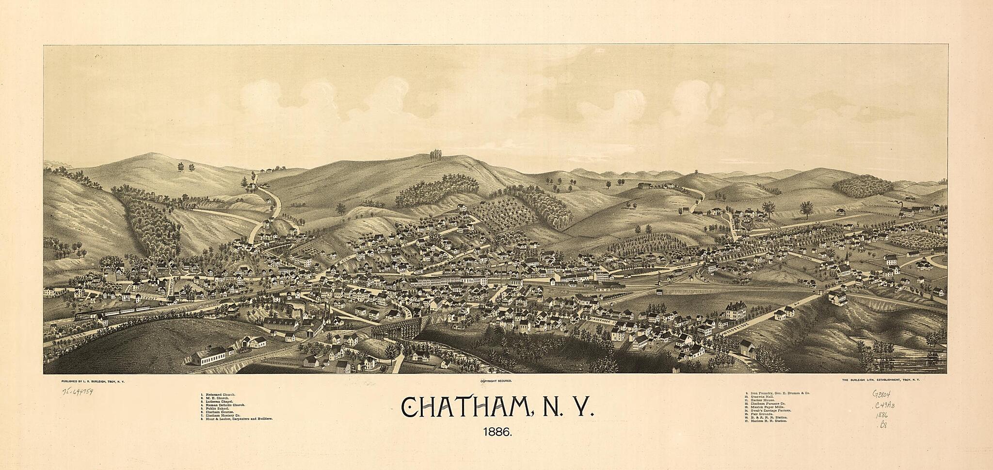 This old map of Chatham, New York from 1886 was created by Burleigh Litho, L. R. (Lucien R.) Burleigh in 1886