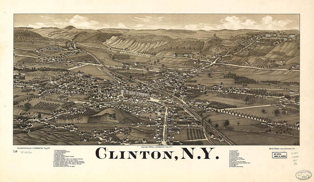 This old map of Clinton, New York from 1885 was created by Beck & Pauli, L. R. (Lucien R.) Burleigh in 1885