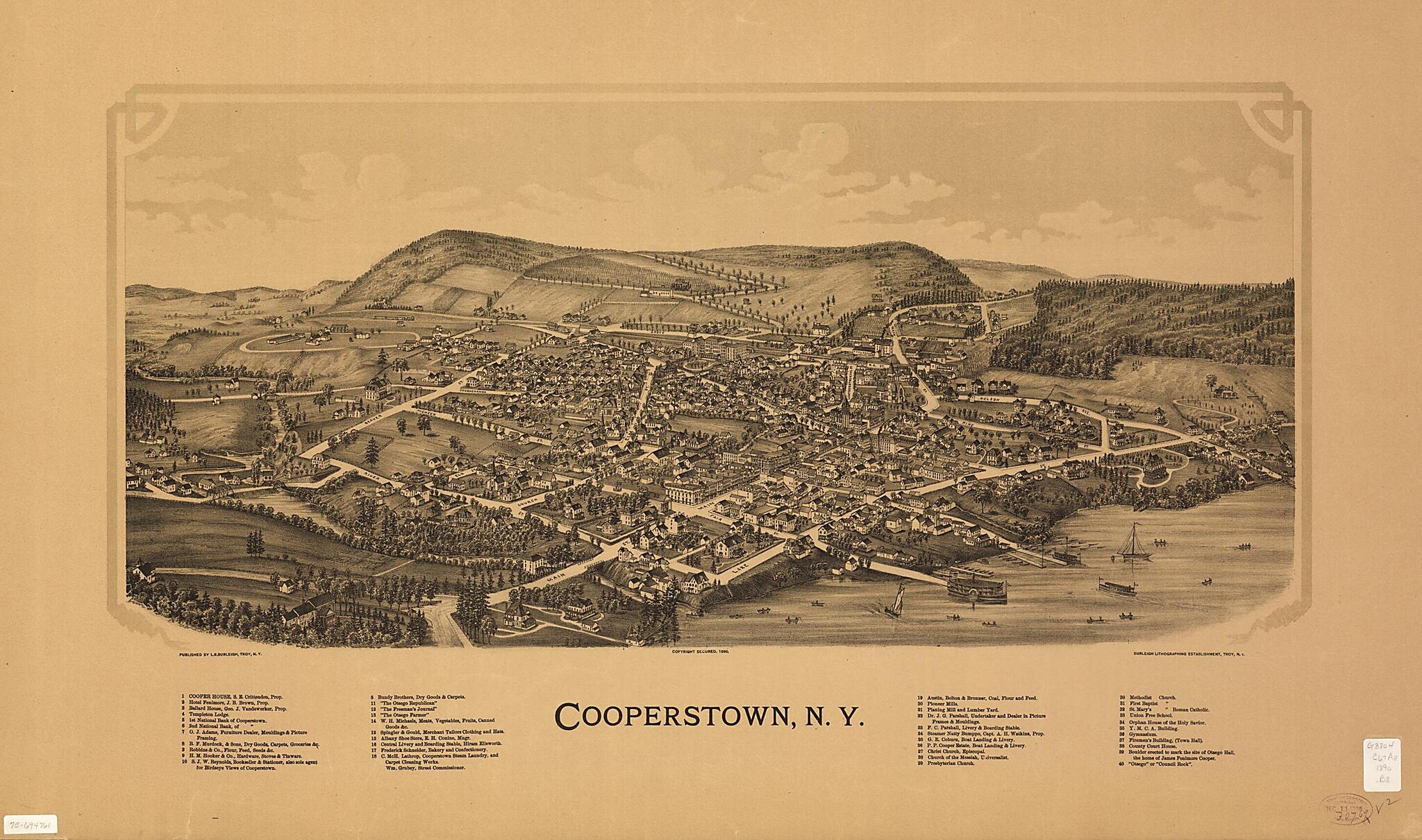 This old map of Cooperstown, New York from 1890 was created by Burleigh Litho, L. R. (Lucien R.) Burleigh in 1890