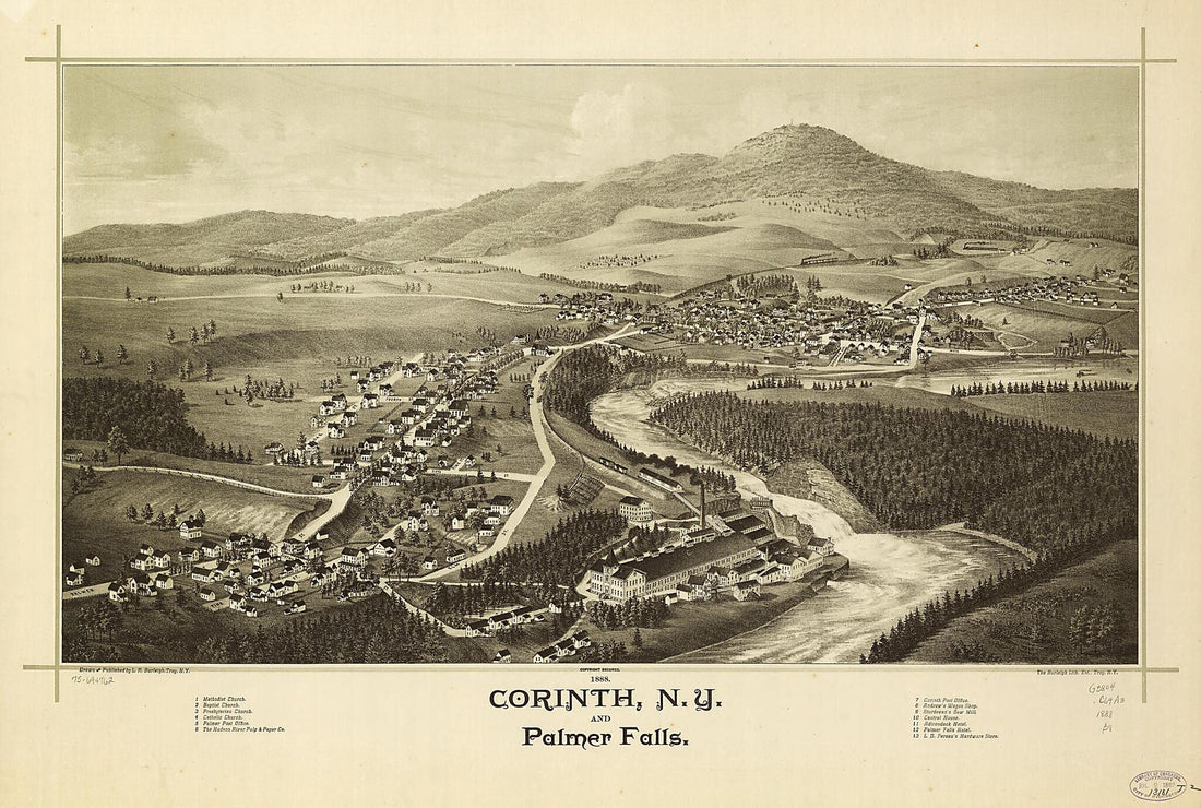 This old map of Corinth, New York and Palmer Falls from 1888 was created by Burleigh Litho, L. R. (Lucien R.) Burleigh in 1888