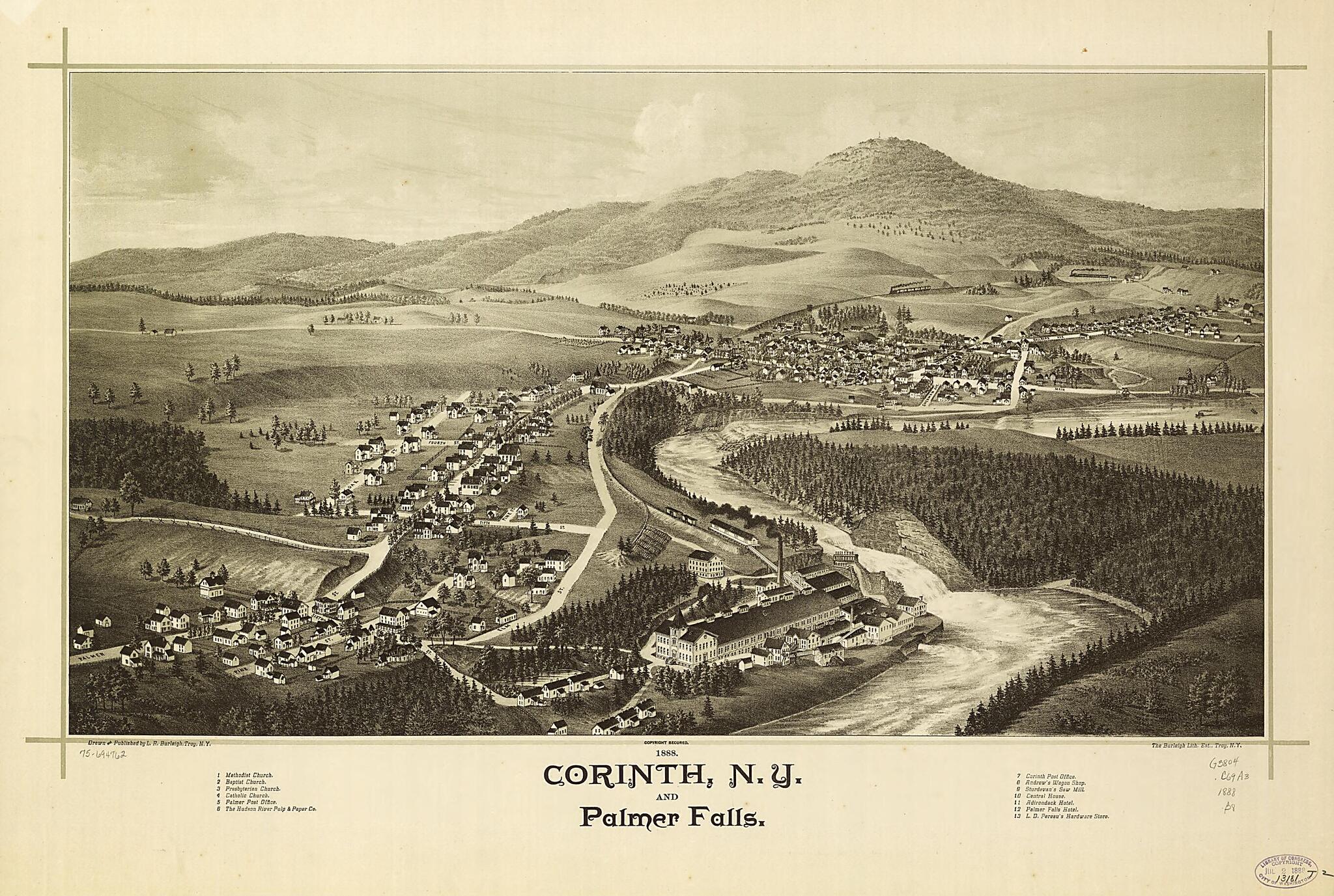 This old map of Corinth, New York and Palmer Falls from 1888 was created by Burleigh Litho, L. R. (Lucien R.) Burleigh in 1888