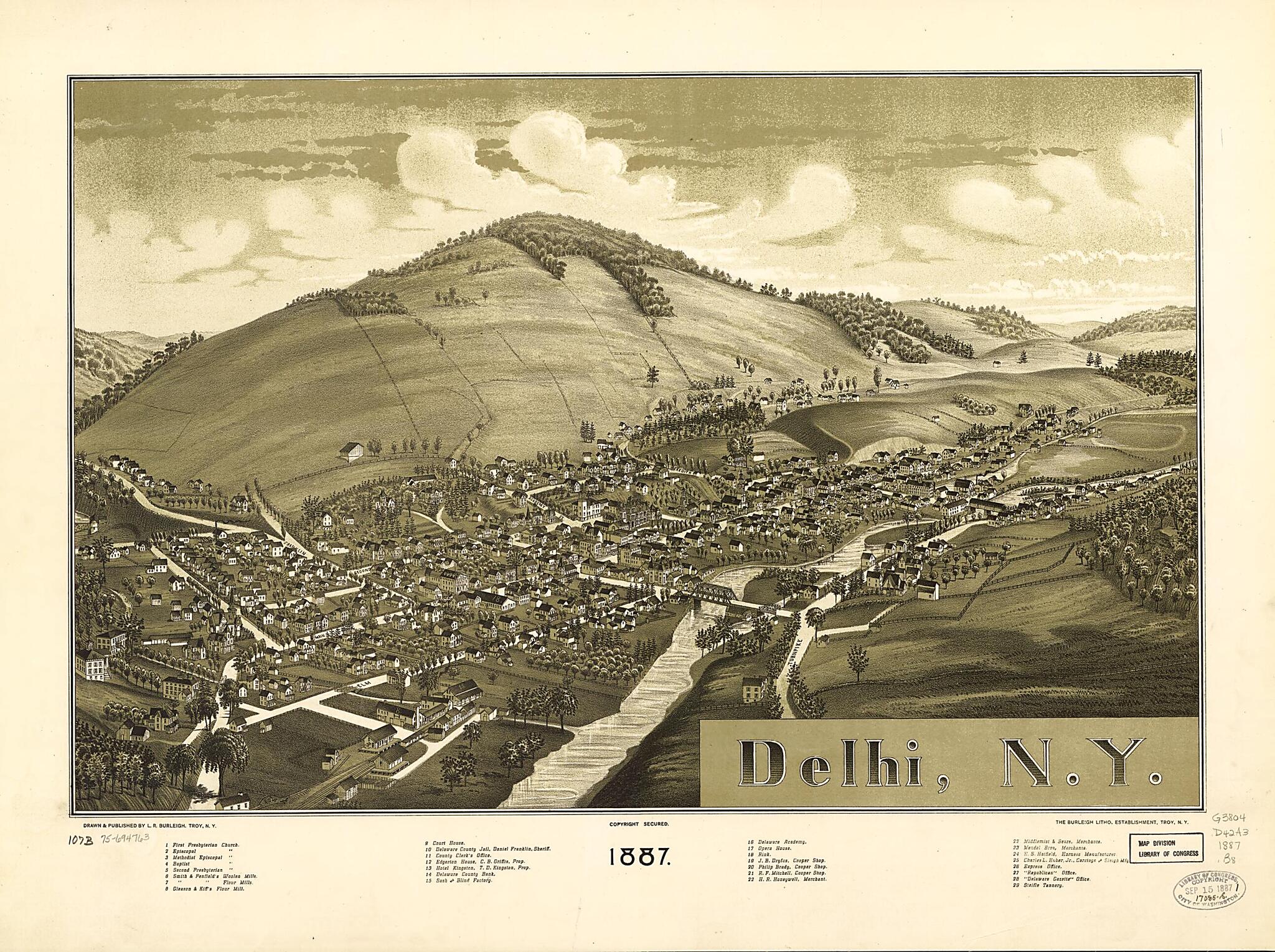This old map of Delhi, New York from 1887 was created by Burleigh Litho, L. R. (Lucien R.) Burleigh in 1887