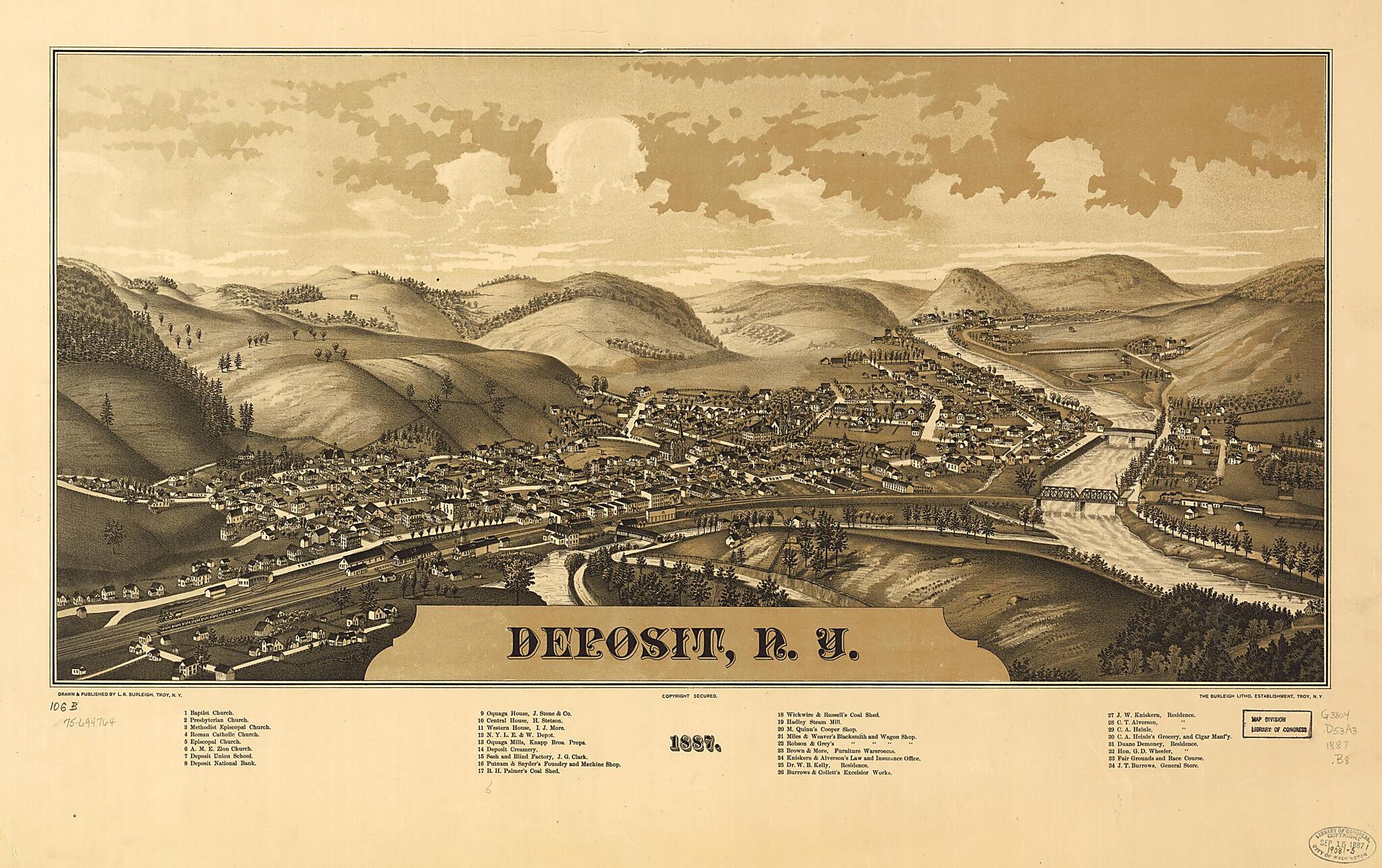 This old map of Deposit, New York from 1887 was created by Burleigh Litho, L. R. (Lucien R.) Burleigh in 1887