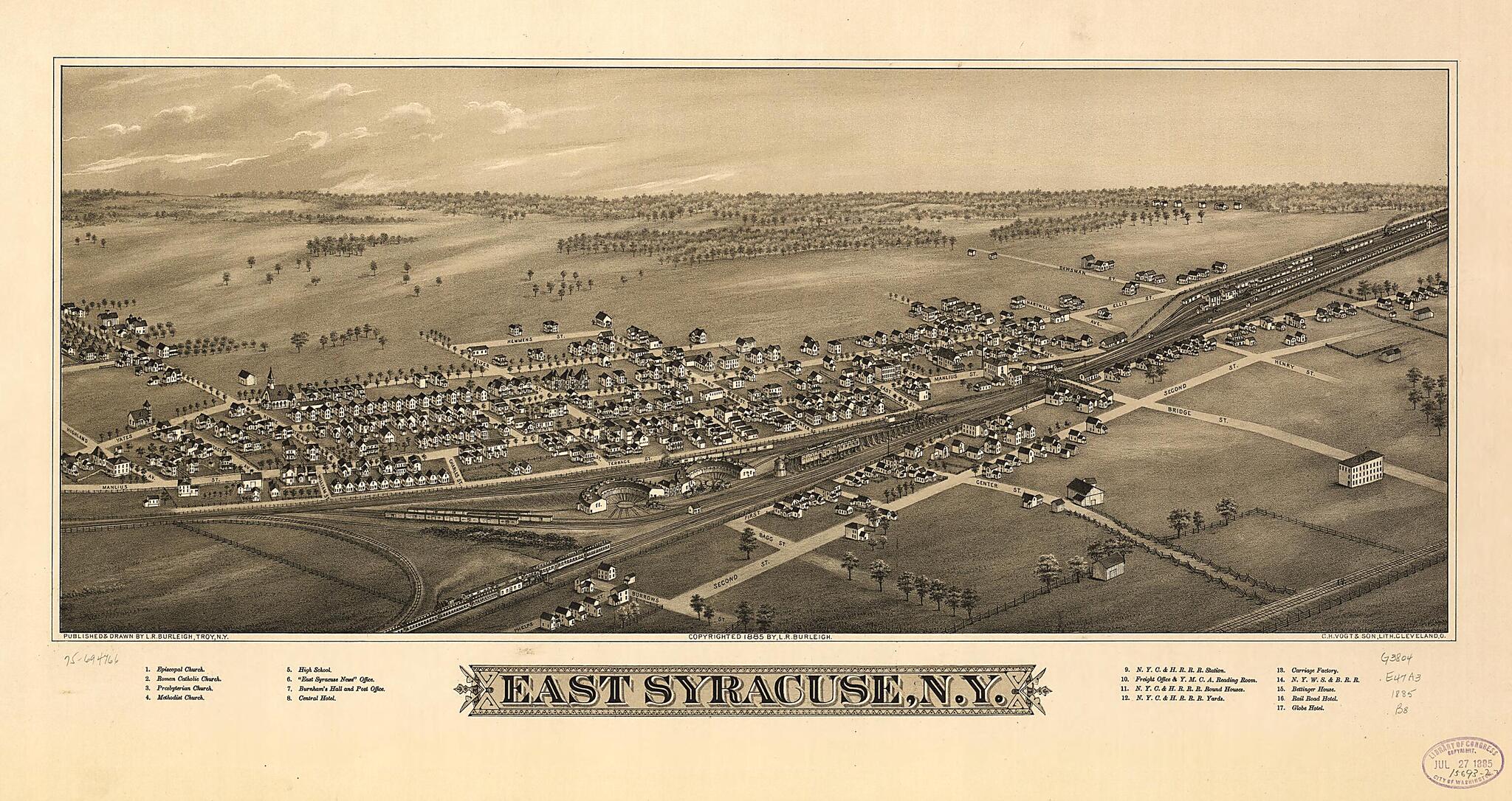 This old map of East Syracuse, New York from 1885 was created by L. R. (Lucien R.) Burleigh, C.H. Vogt & Son in 1885
