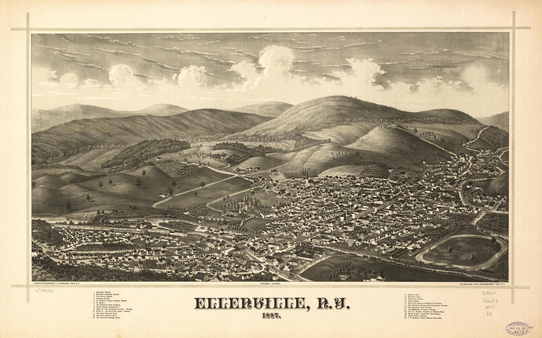 This old map of Ellenville, New York from 1887 was created by Burleigh Litho, L. R. (Lucien R.) Burleigh in 1887