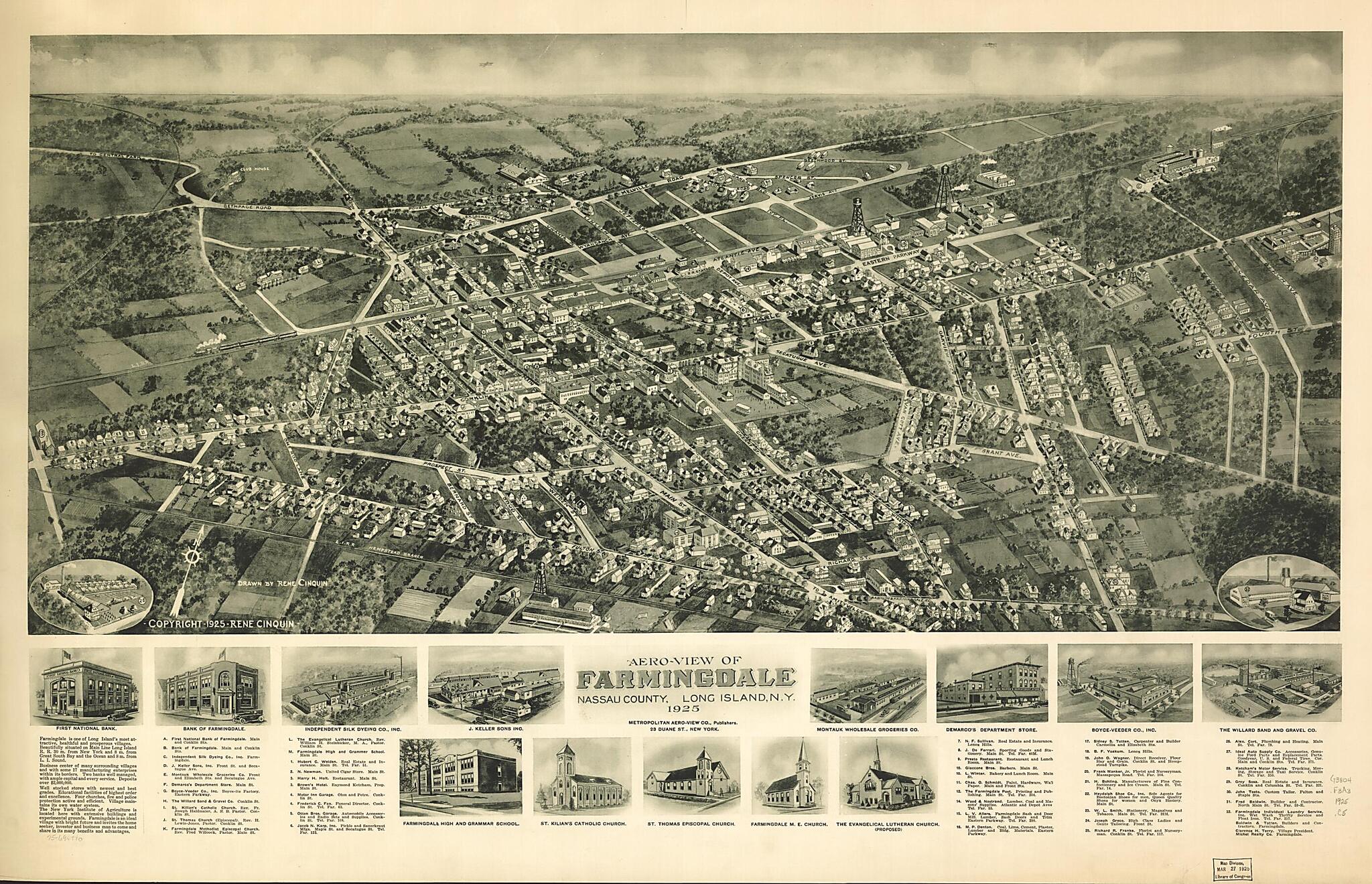 This old map of View of Farmingdale, Nassau County, Long Island, New York from 1925 was created by Rene Cinquin, View Co in 1925