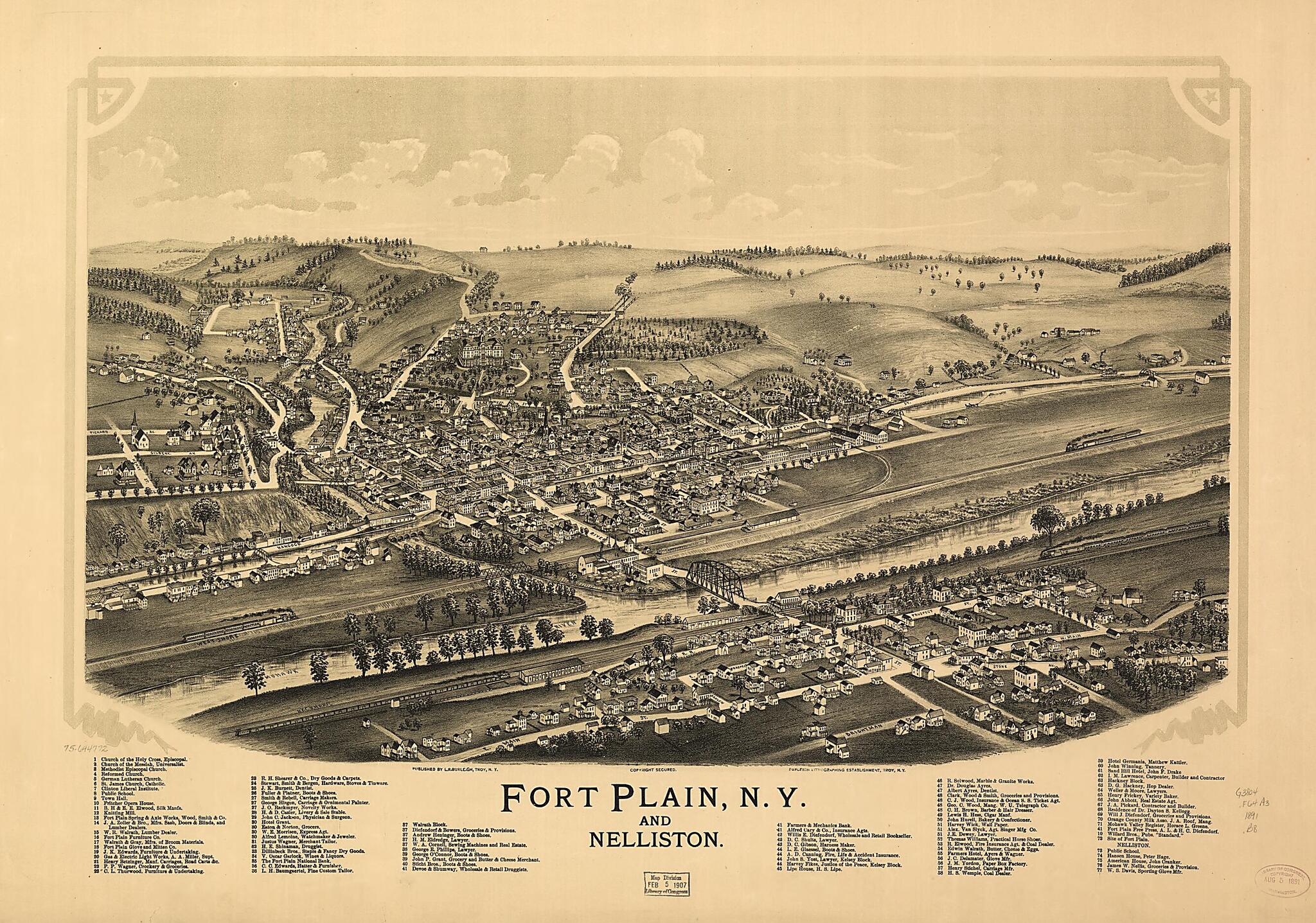 This old map of Fort Plain, New York and Nelliston from 1891 was created by Burleigh Litho, L. R. (Lucien R.) Burleigh in 1891