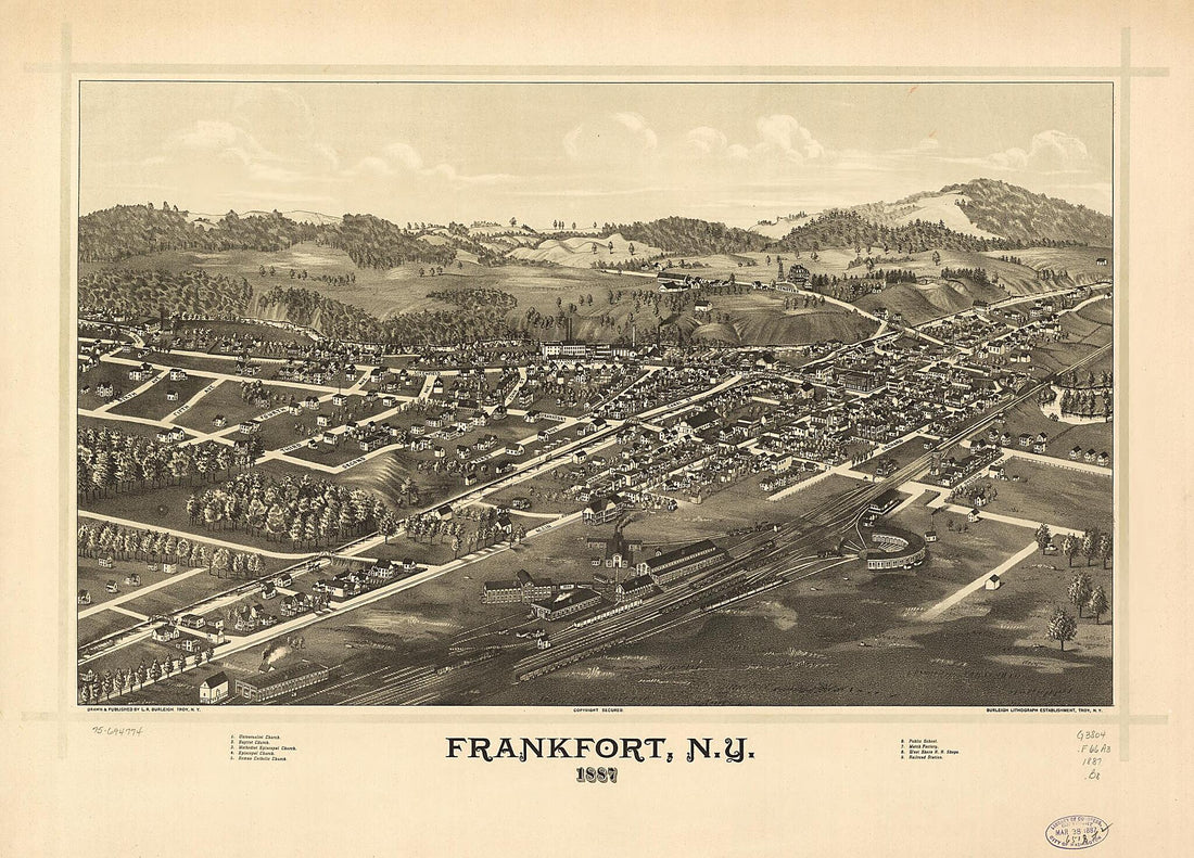 This old map of Frankfort, New York from 1887 was created by Burleigh Litho, L. R. (Lucien R.) Burleigh in 1887