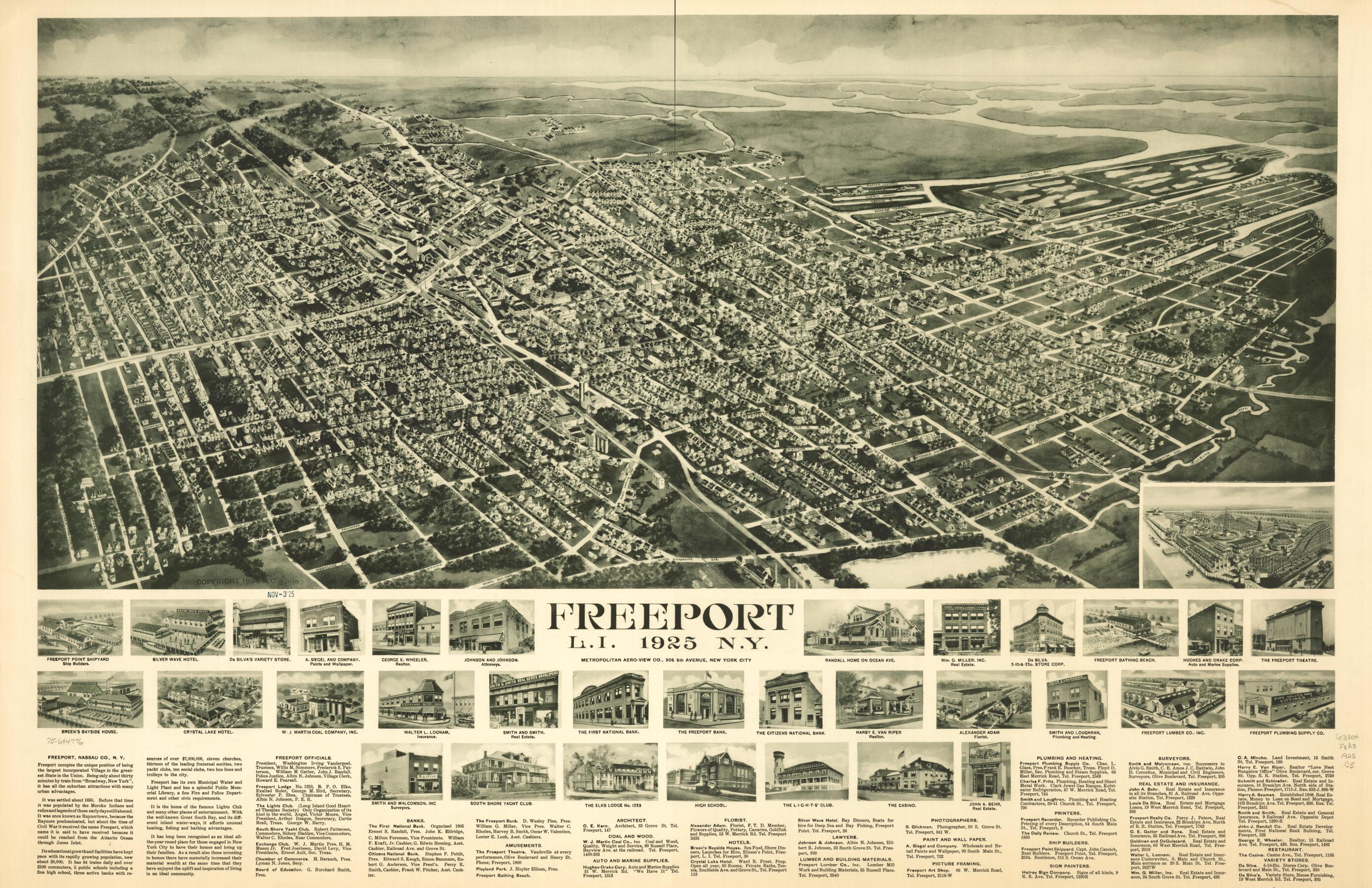 This old map of Freeport, L.I., from 1925, New York was created by Rene Cinquin, View Co in 1925