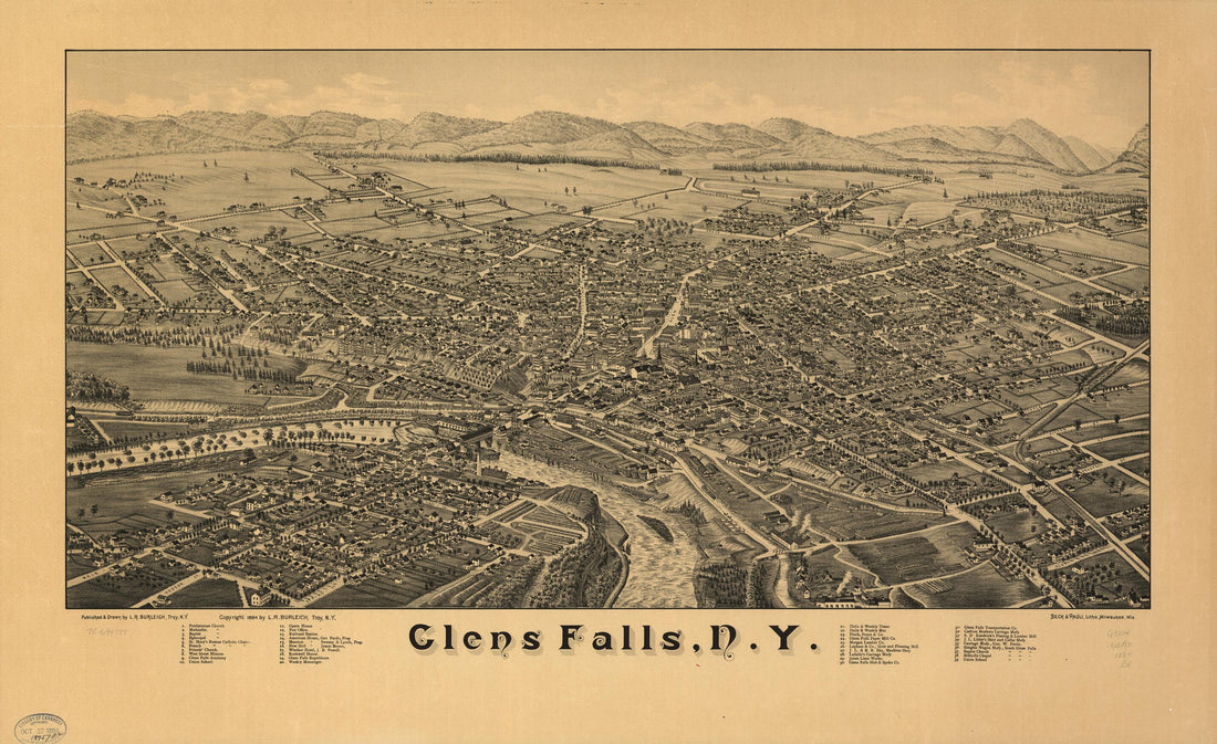 This old map of Glens Falls, New York from 1884 was created by Beck & Pauli, L. R. (Lucien R.) Burleigh in 1884