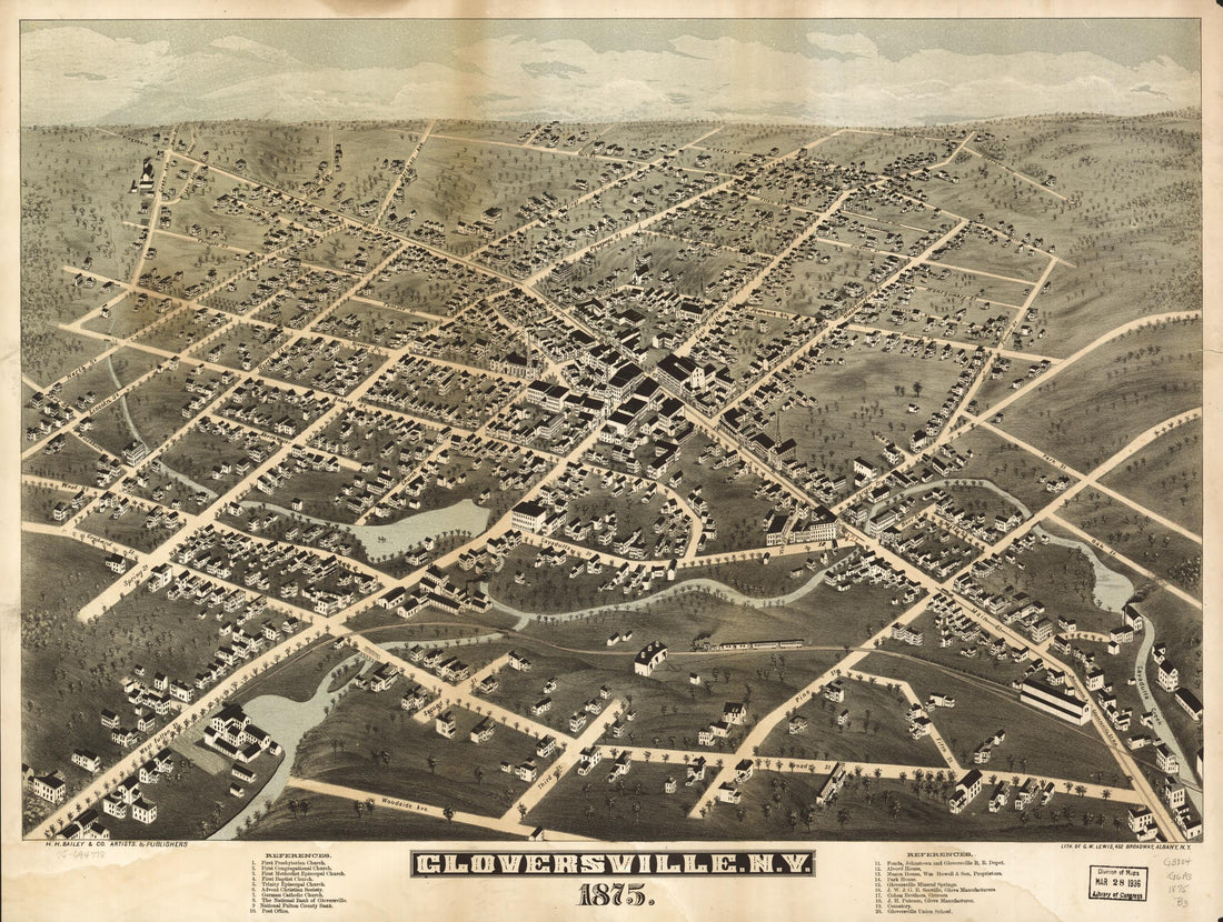 This old map of Gloversville, New York from 1875 was created by H.H. Bailey & Co, George W. Lewis in 1875