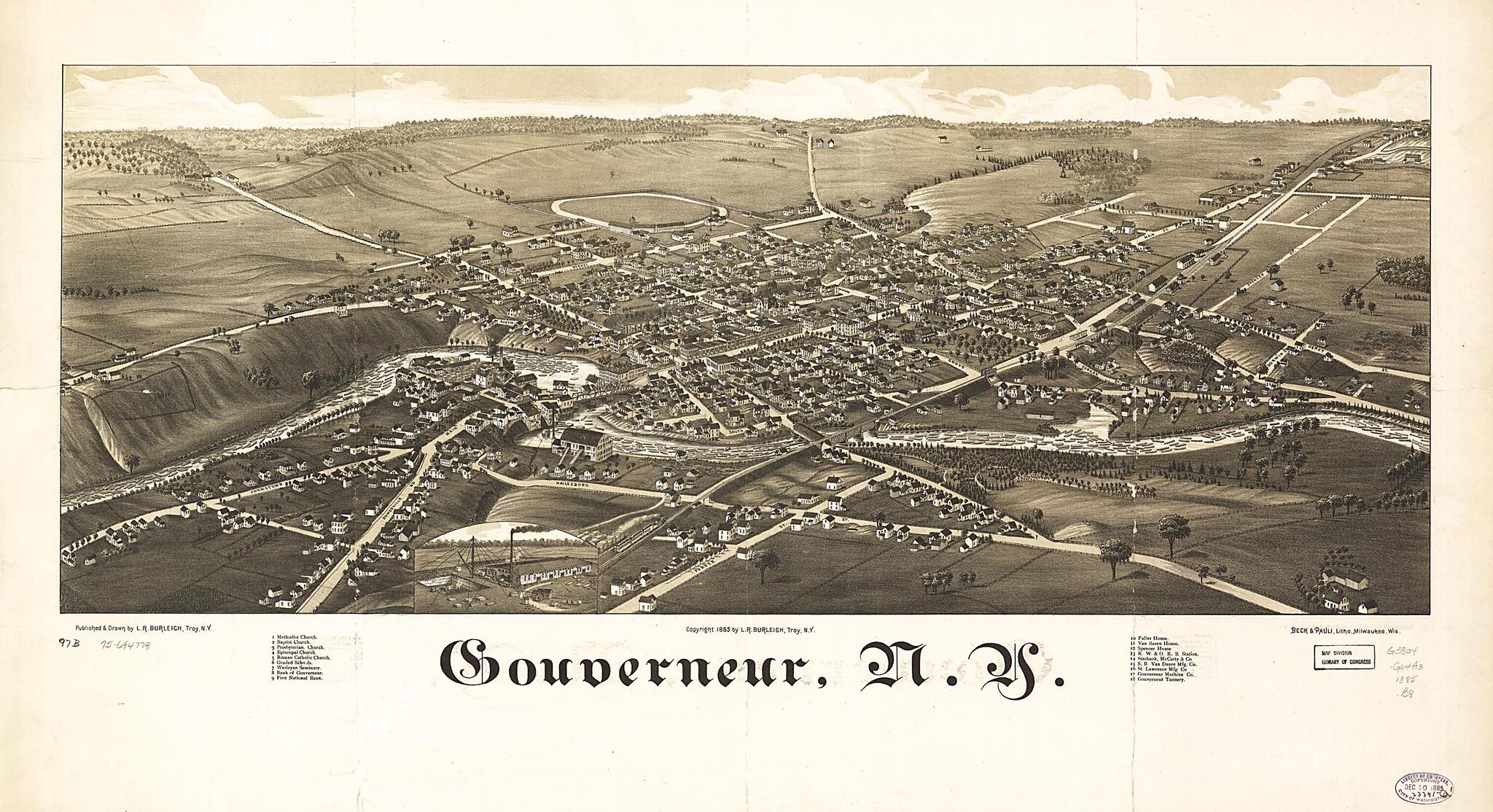 This old map of Gouverneur, New York from 1885 was created by Beck & Pauli, L. R. (Lucien R.) Burleigh in 1885