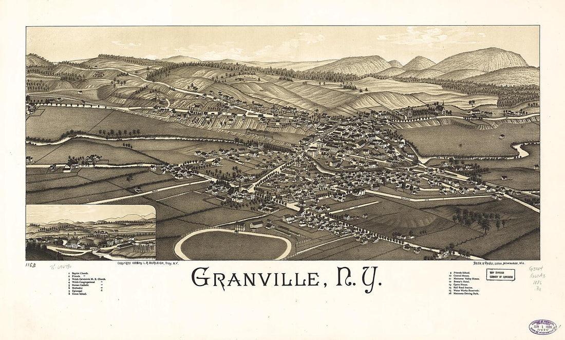 This old map of Granville, New York from 1886 was created by Beck & Pauli, L. R. (Lucien R.) Burleigh in 1886