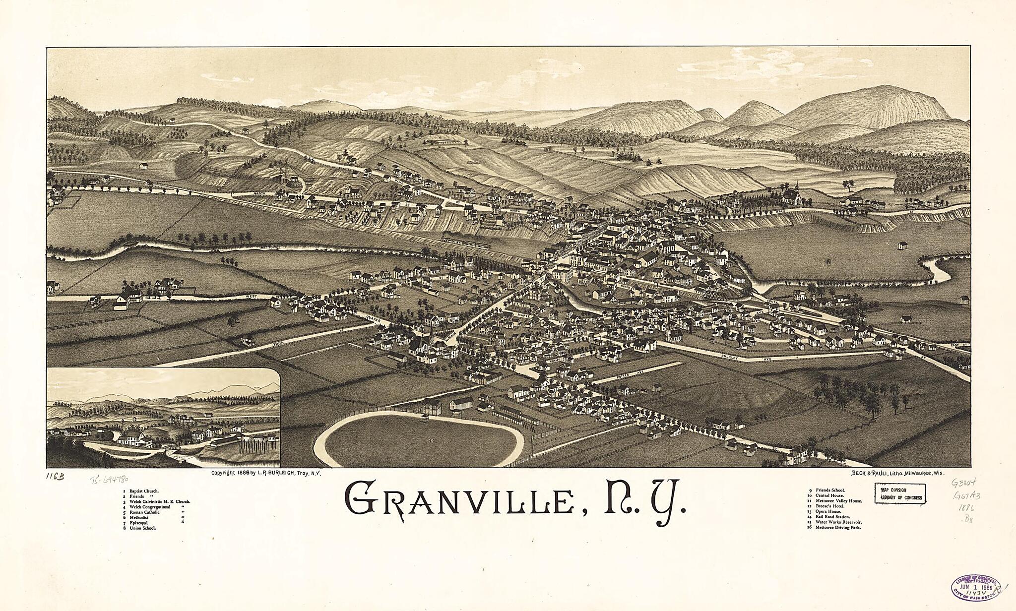 This old map of Granville, New York from 1886 was created by Beck & Pauli, L. R. (Lucien R.) Burleigh in 1886