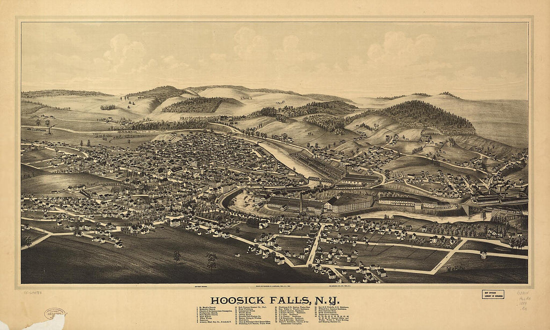 This old map of Hoosick Falls, New York from 1889 was created by Burleigh Litho, L. R. (Lucien R.) Burleigh in 1889