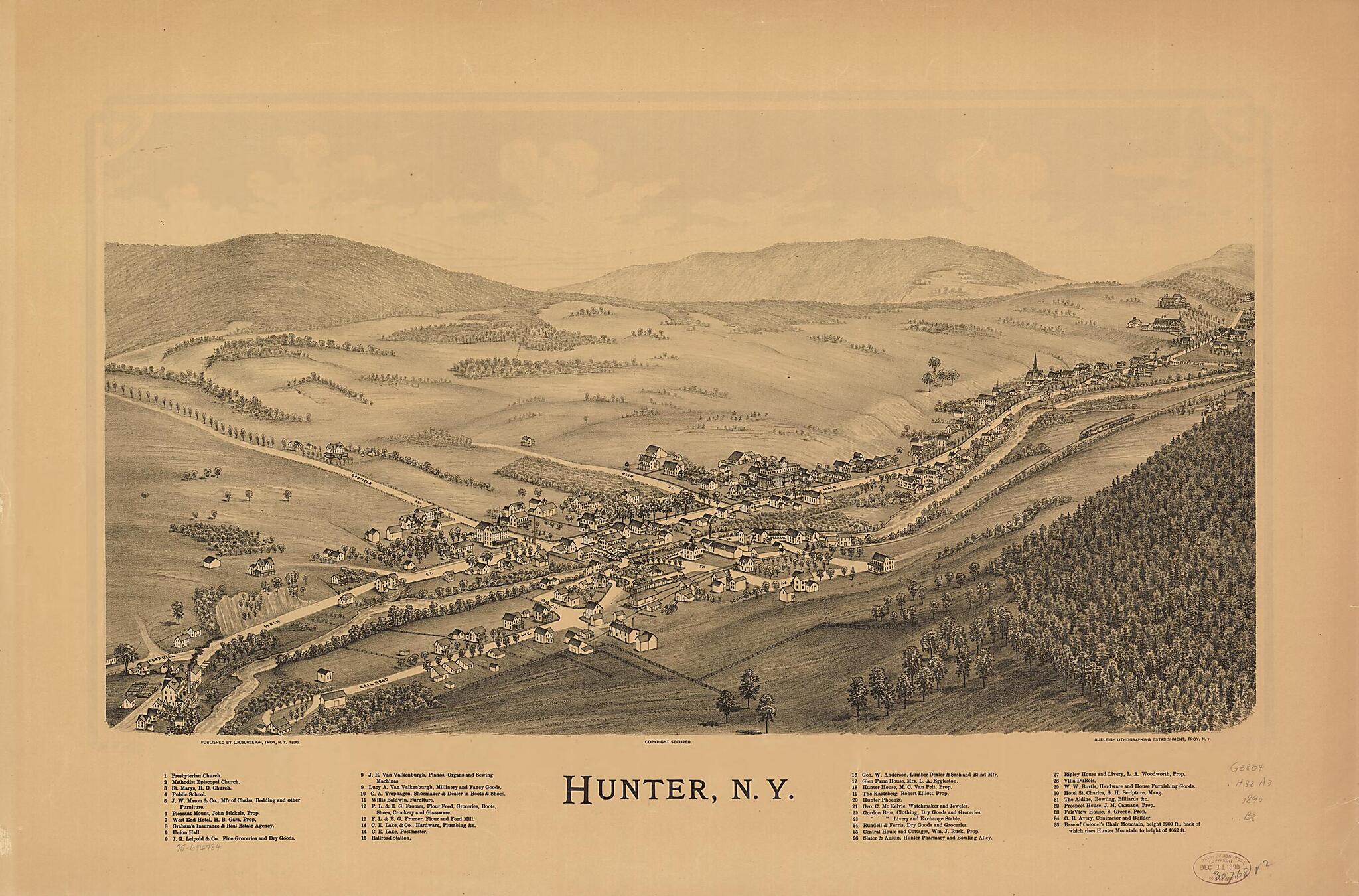 This old map of Hunter, New York from 1890 was created by Burleigh Litho, L. R. (Lucien R.) Burleigh in 1890