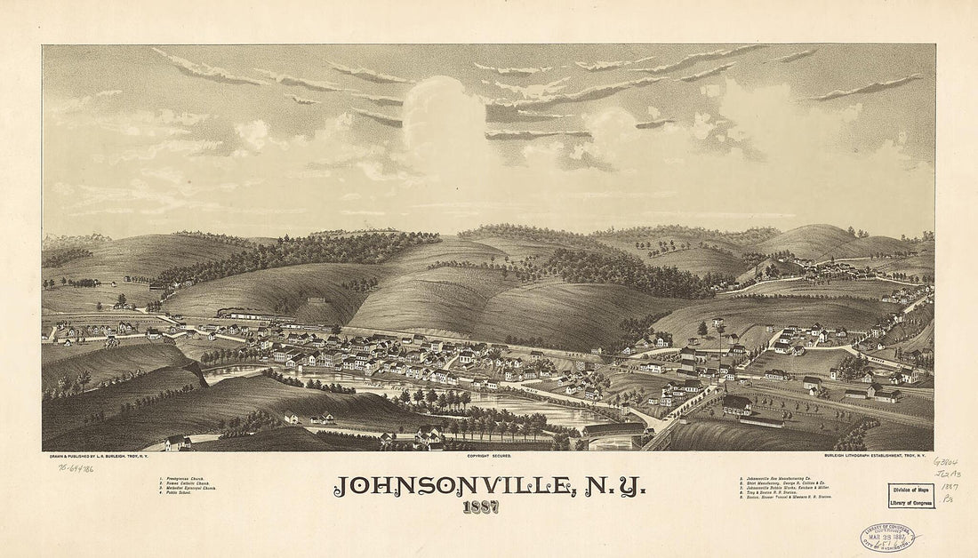 This old map of Johnsonville, New York from 1887 was created by Burleigh Litho, L. R. (Lucien R.) Burleigh in 1887