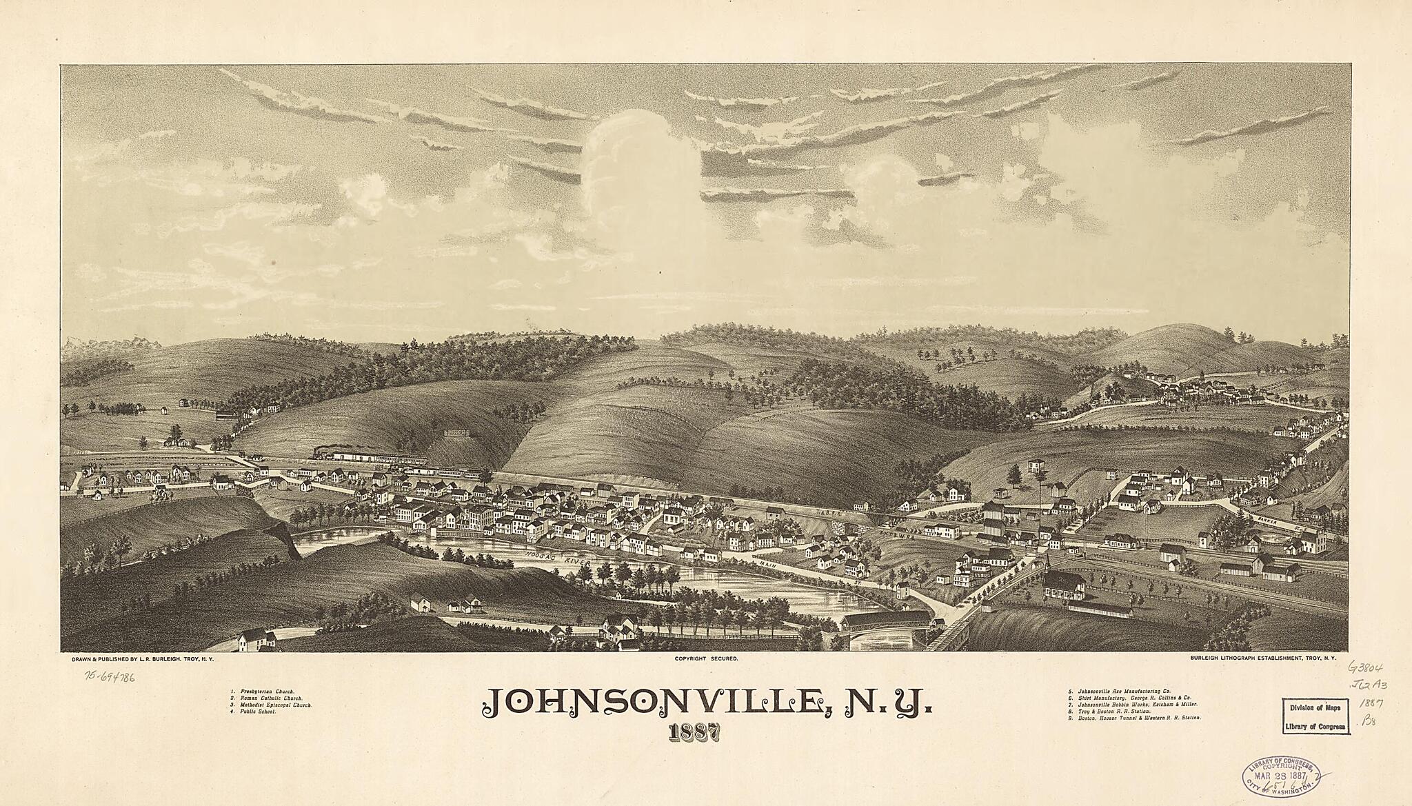 This old map of Johnsonville, New York from 1887 was created by Burleigh Litho, L. R. (Lucien R.) Burleigh in 1887