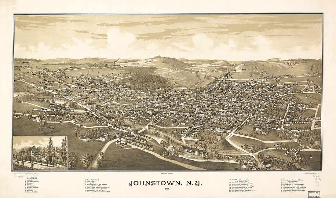 This old map of Johnstown, New York from 1888 was created by Burleigh Litho, L. R. (Lucien R.) Burleigh in 1888