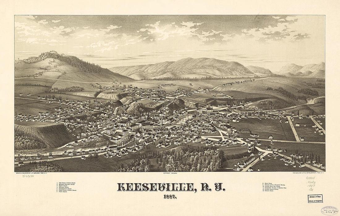 This old map of Keeseville, New York from 1887 was created by Burleigh Litho, L. R. (Lucien R.) Burleigh in 1887