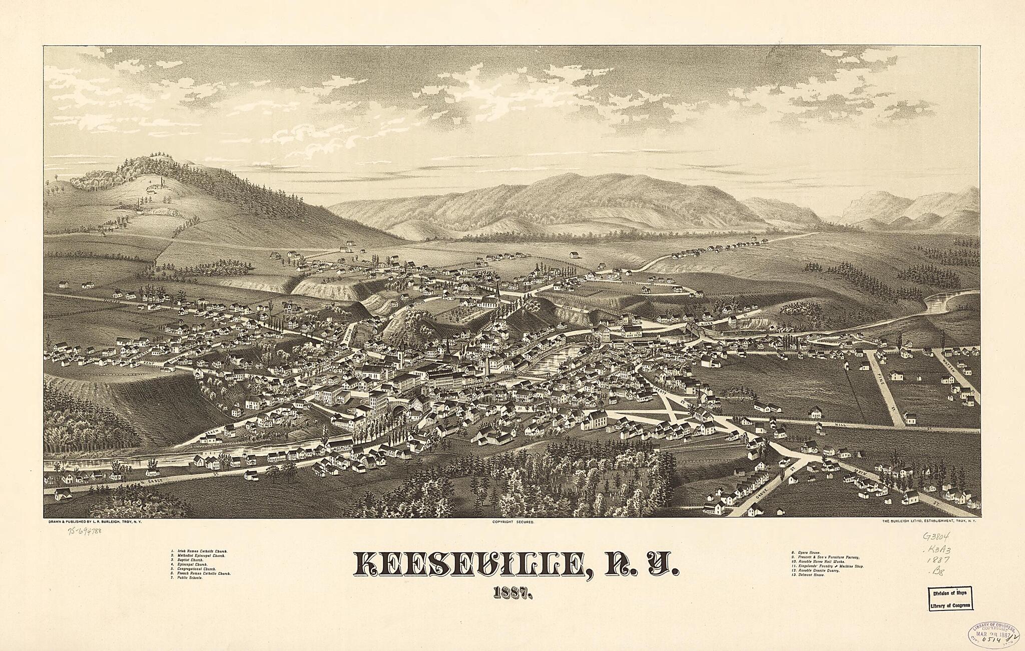 This old map of Keeseville, New York from 1887 was created by Burleigh Litho, L. R. (Lucien R.) Burleigh in 1887