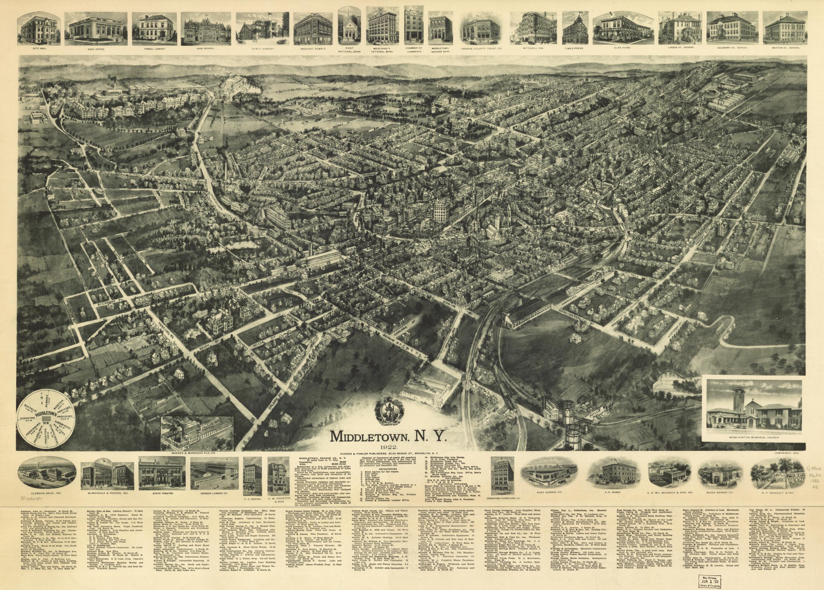 This old map of Middletown, New York from 1922 was created by Hughes & Fowler in 1922