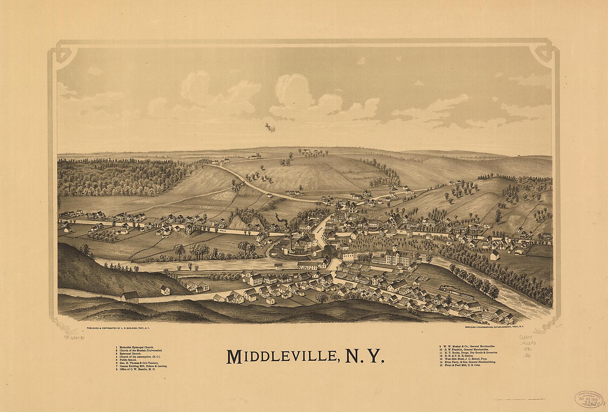 This old map of Middleville, New York from 1890 was created by Burleigh Litho, L. R. (Lucien R.) Burleigh in 1890