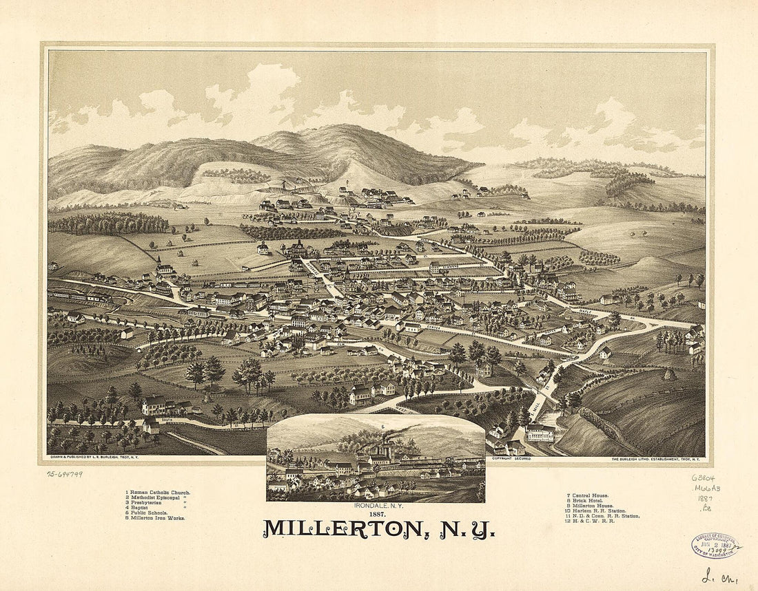 This old map of Millerton, New York from 1887 was created by Burleigh Litho, L. R. (Lucien R.) Burleigh in 1887