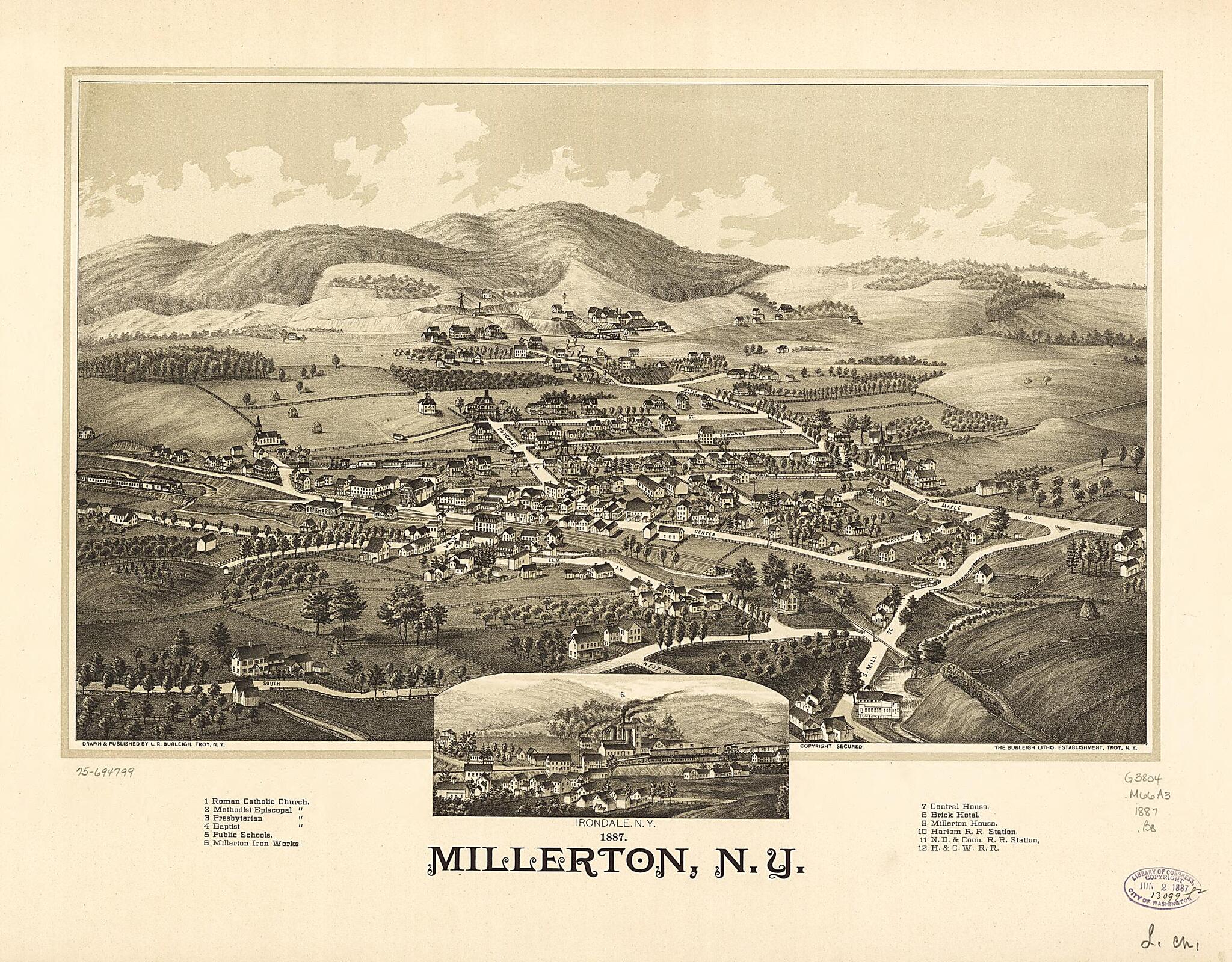 This old map of Millerton, New York from 1887 was created by Burleigh Litho, L. R. (Lucien R.) Burleigh in 1887