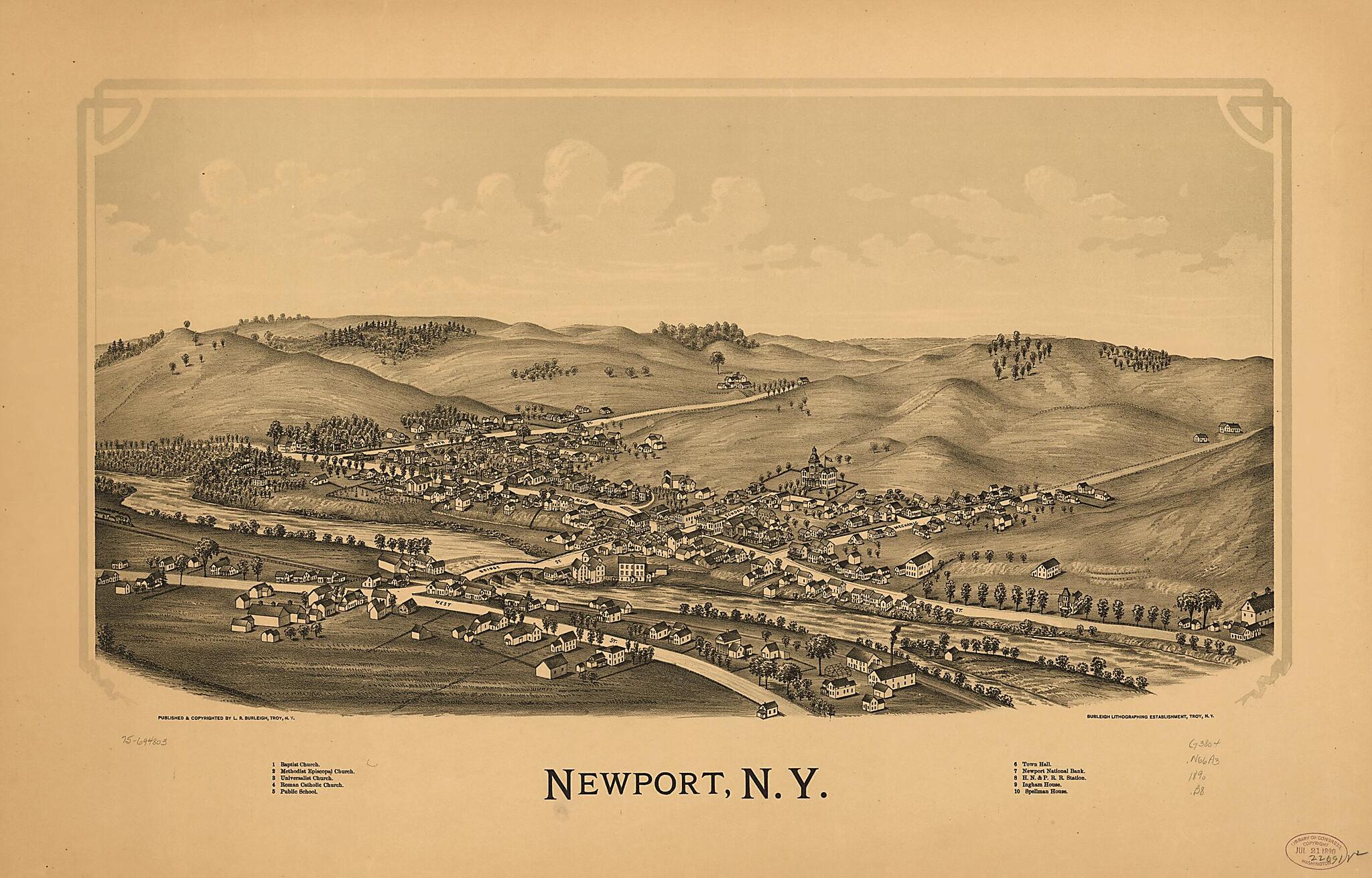 This old map of Newport, New York from 1890 was created by Burleigh Litho, L. R. (Lucien R.) Burleigh in 1890