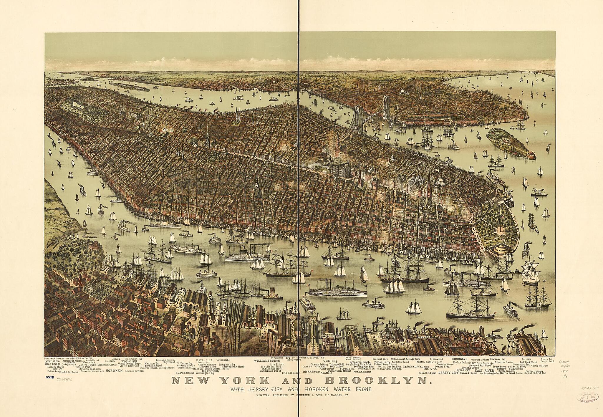 This old map of New York and Brooklyn, With Jersey City and Hoboken Water Front from 1892 was created by Currier & Ives, Parsons & Atwater in 1892