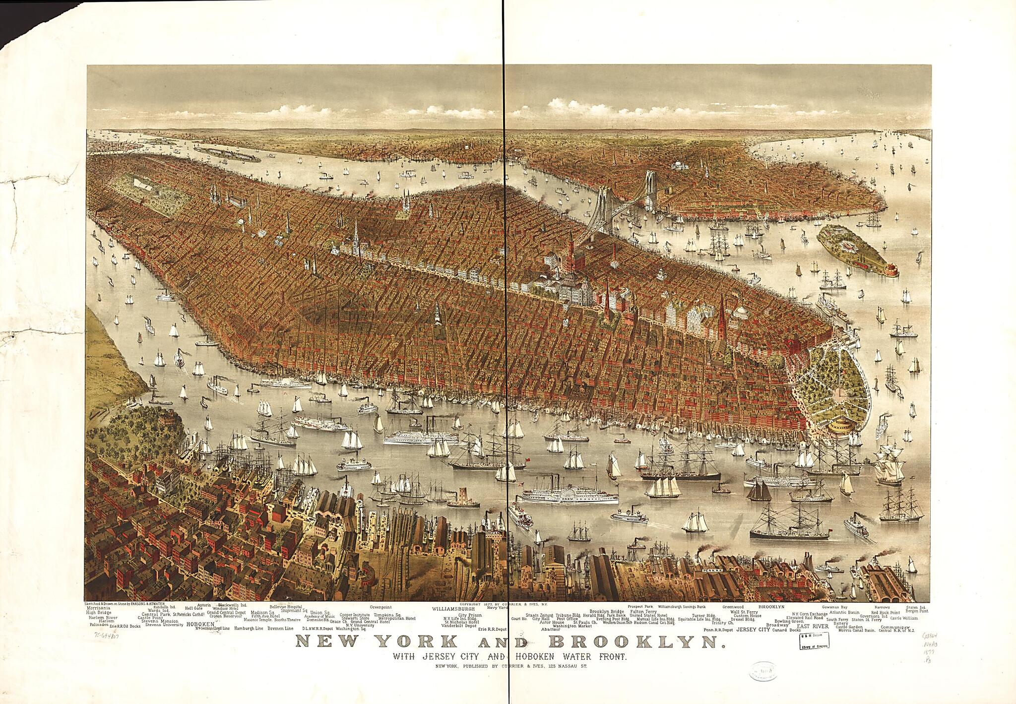 This old map of New York and Brooklyn, With Jersey City and Hoboken Water Front from 1877 was created by Currier & Ives, Parsons & Atwater in 1877