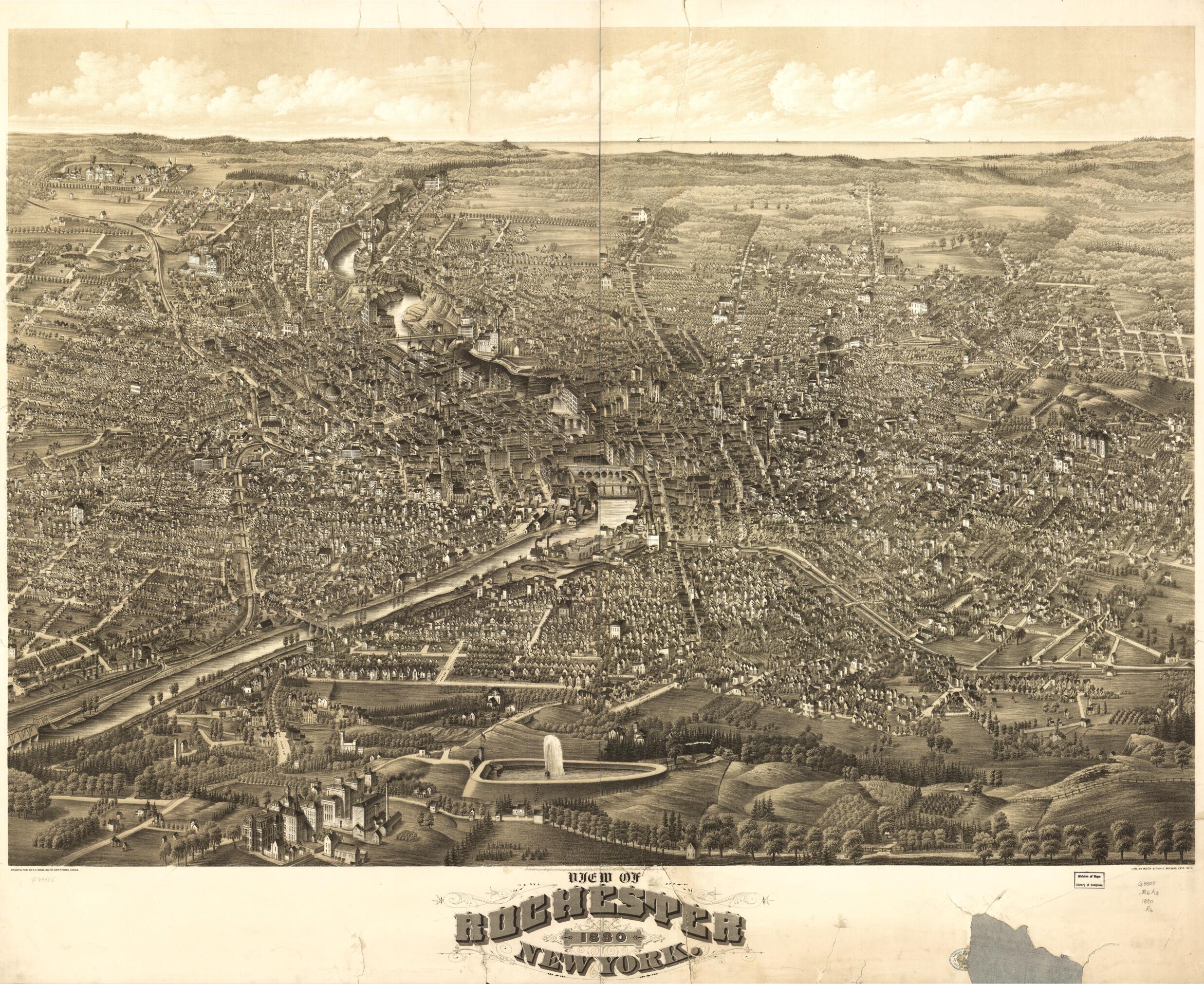 This old map of View of Rochester, New York from 1880 was created by Beck & Pauli, H.H. Rowley & Co in 1880
