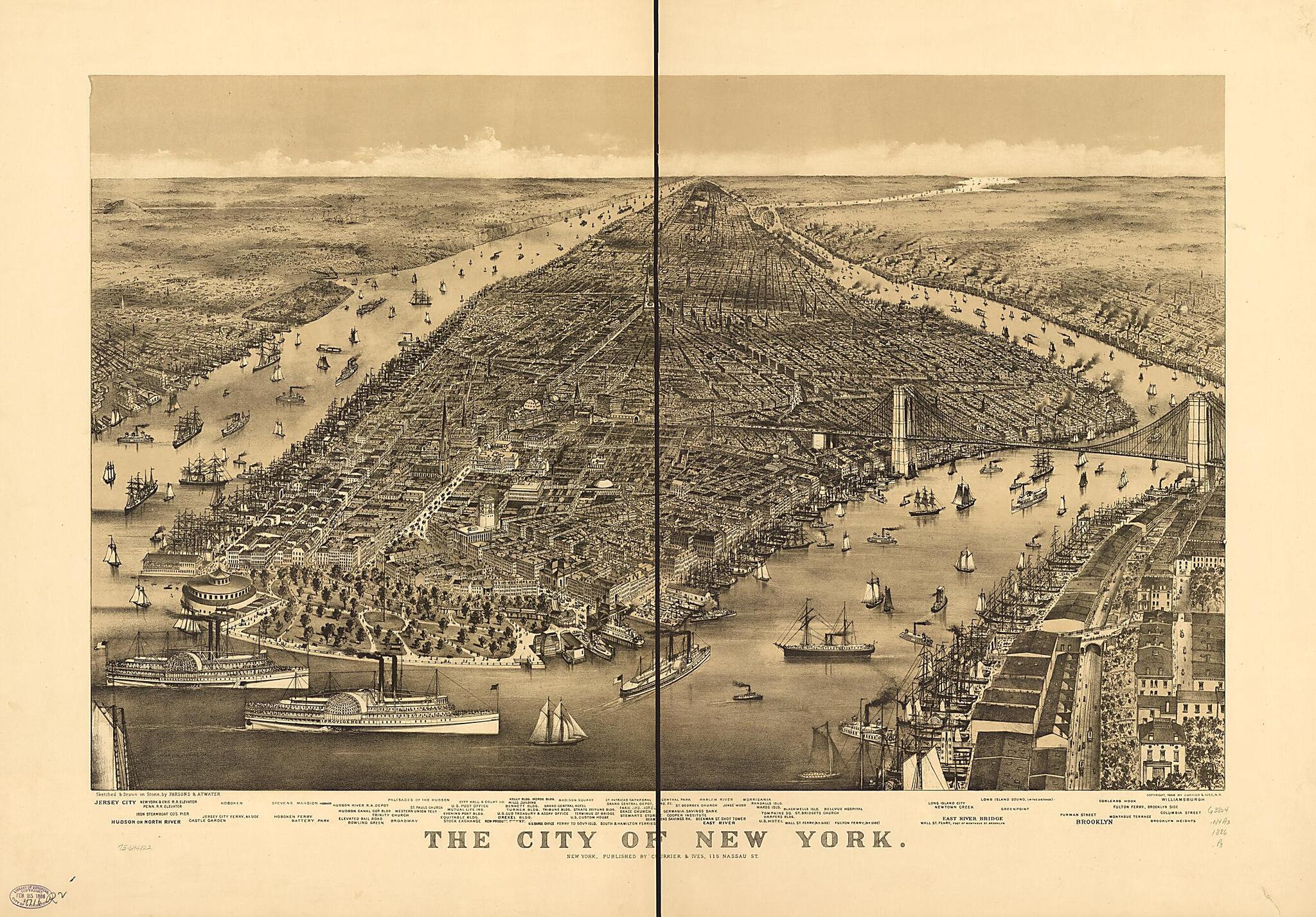 This old map of The City of New York from 1886 was created by Currier & Ives, Parsons & Atwater in 1886