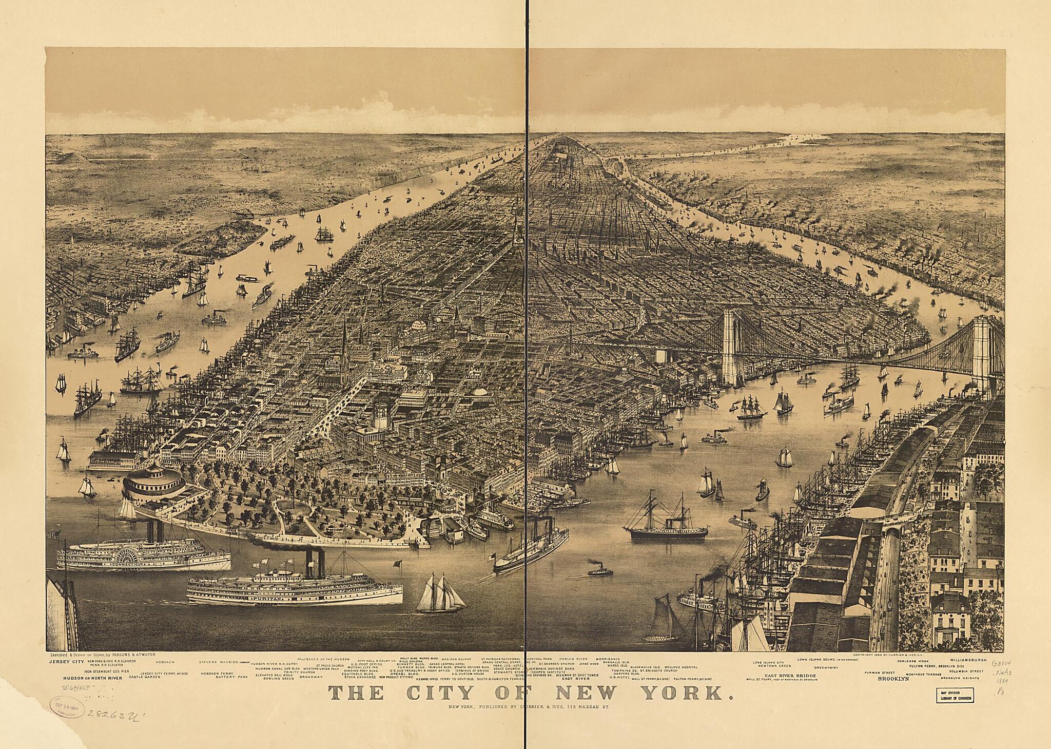 This old map of The City of New York from 1889 was created by Currier & Ives, Parsons & Atwater in 1889
