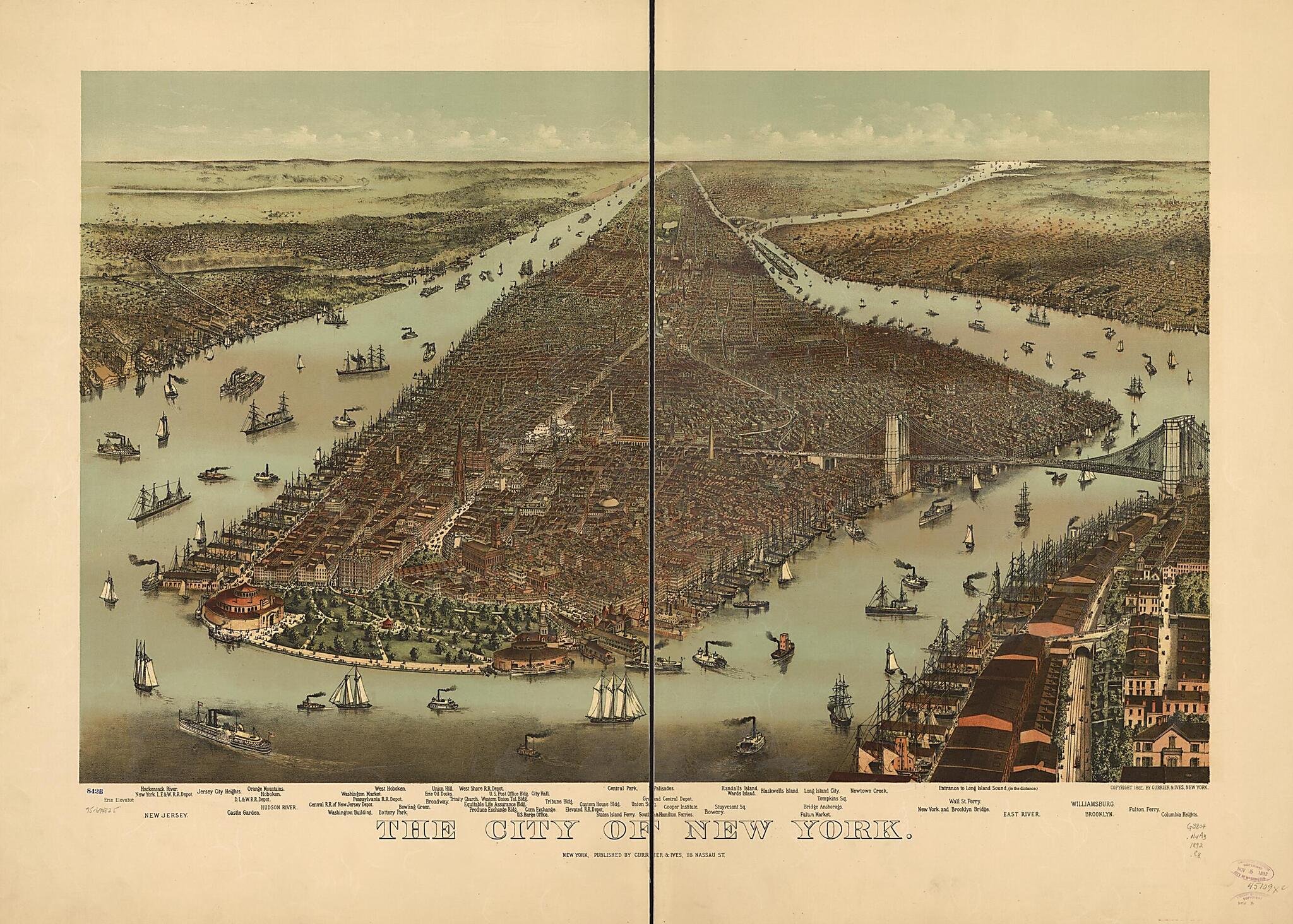 This old map of The City of New York from 1892 was created by Currier & Ives in 1892