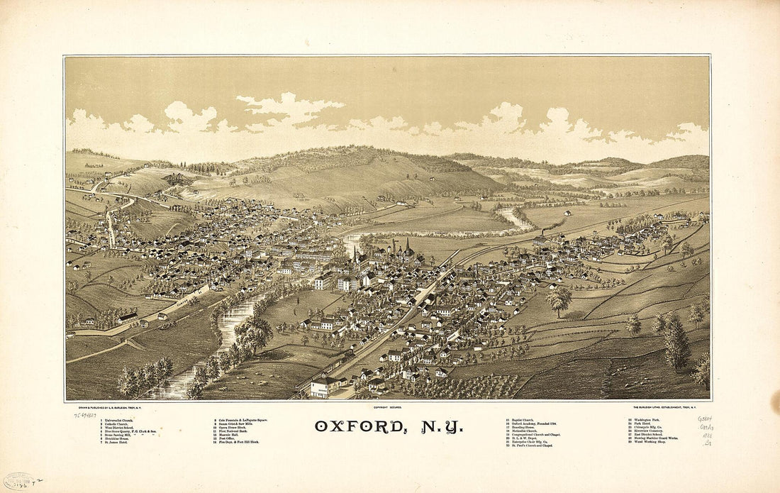 This old map of Oxford, New York from 1888 was created by Burleigh Litho, L. R. (Lucien R.) Burleigh in 1888
