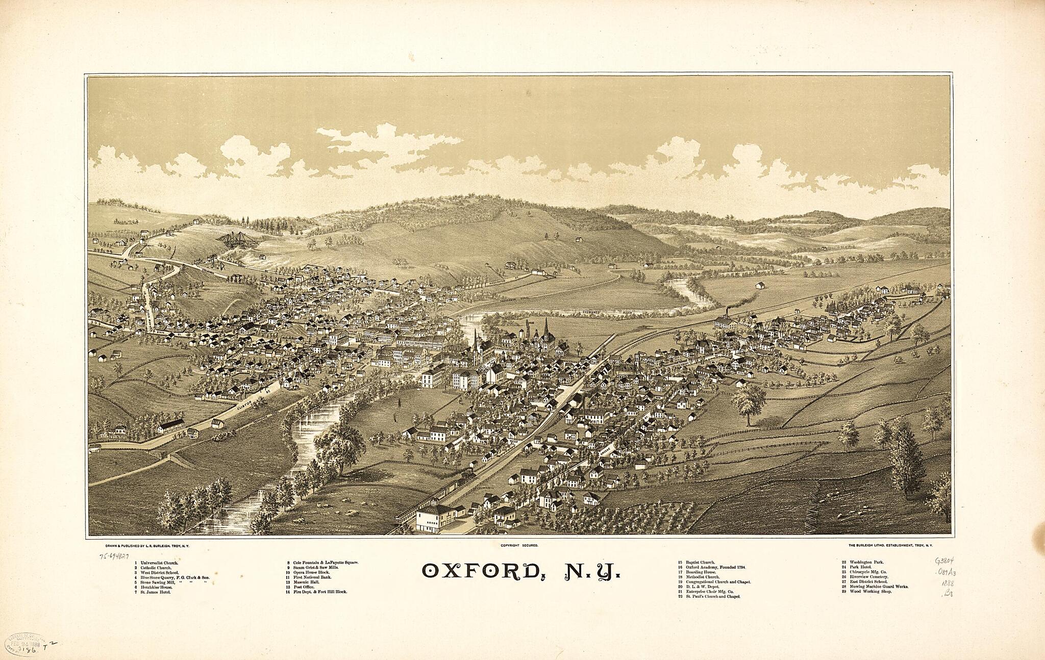 This old map of Oxford, New York from 1888 was created by Burleigh Litho, L. R. (Lucien R.) Burleigh in 1888
