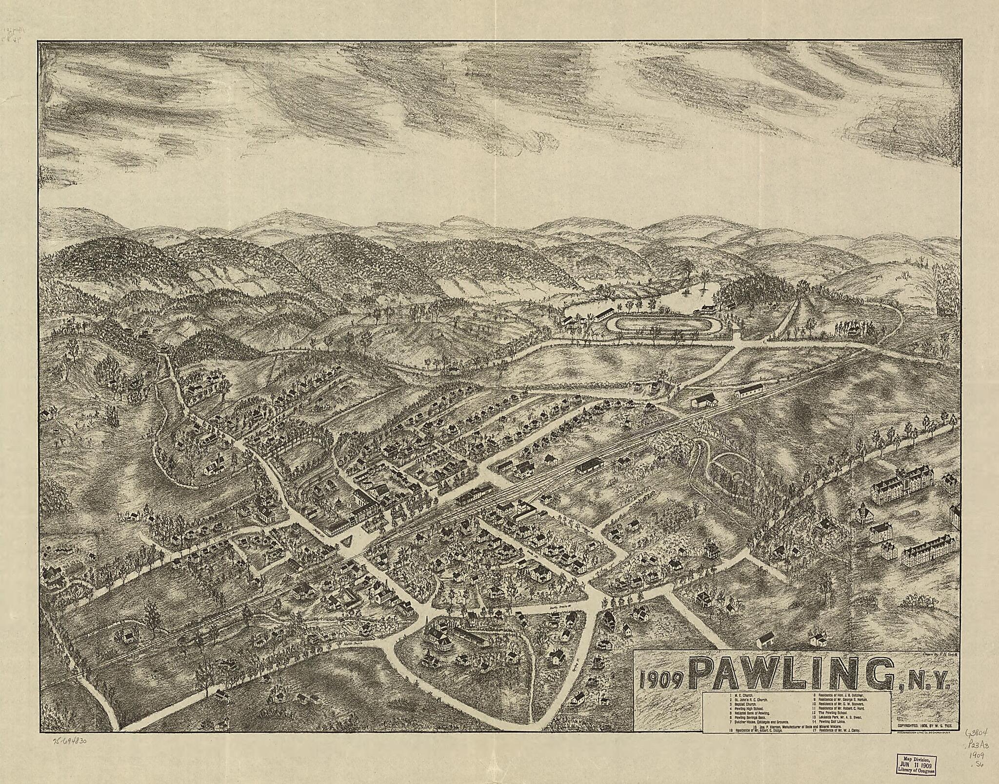 This old map of Pawling, New York from 1909 was created by Knickerbocker Litho. Co, P. H. Smith, W. G. Tice in 1909