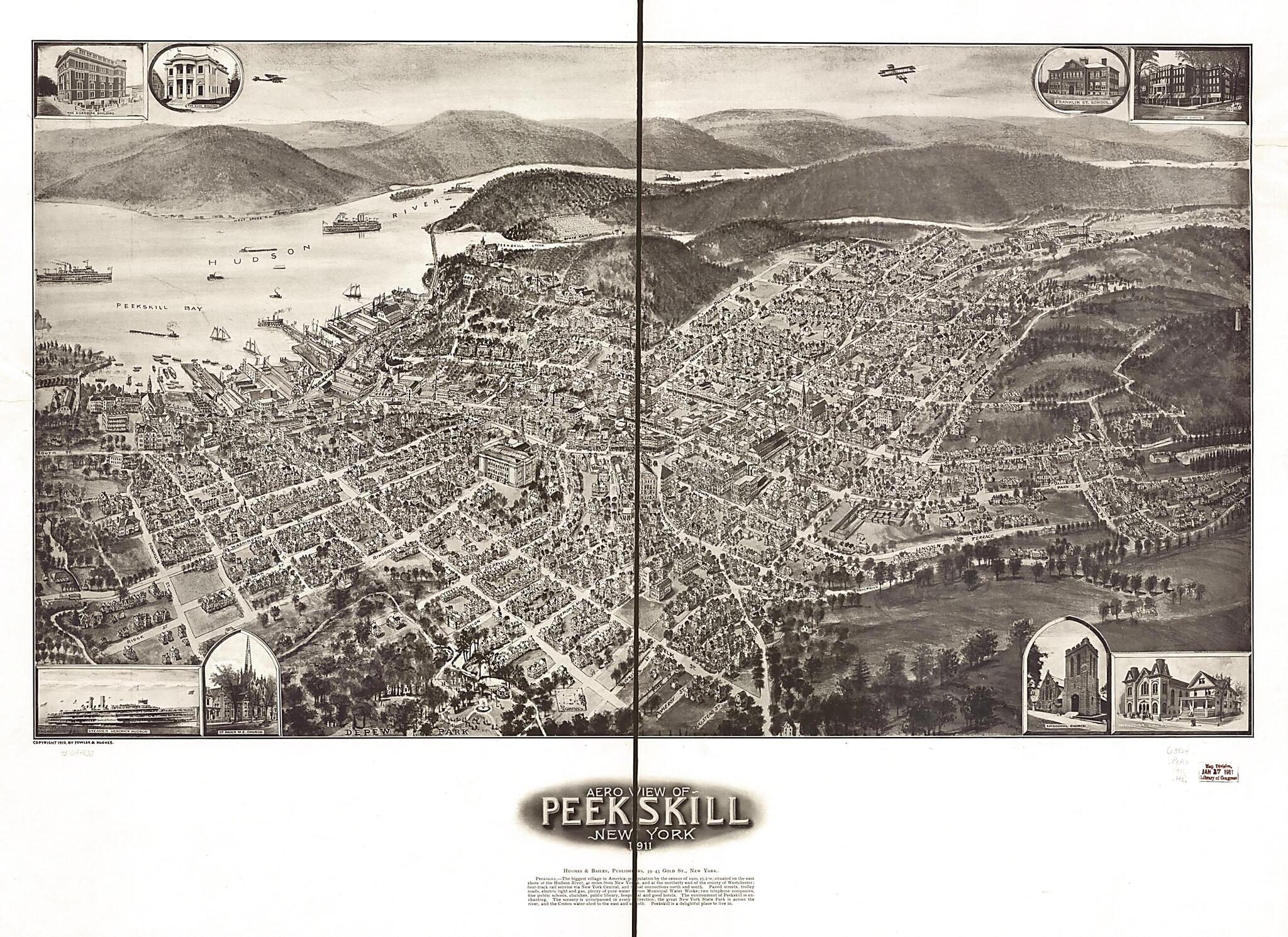 This old map of Aero View of Peekskill, New York from 1911 was created by Hughes & Bailey, Hughes & Fowler in 1911