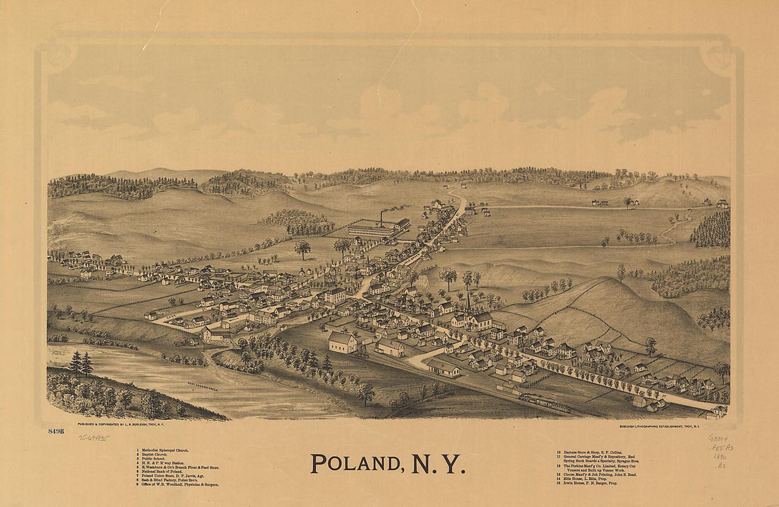 This old map of Poland, New York from 1890 was created by Burleigh Litho, L. R. (Lucien R.) Burleigh in 1890