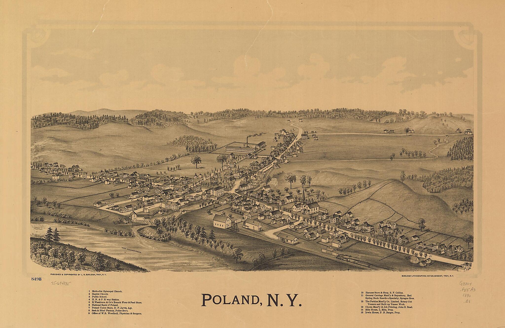 This old map of Poland, New York from 1890 was created by Burleigh Litho, L. R. (Lucien R.) Burleigh in 1890