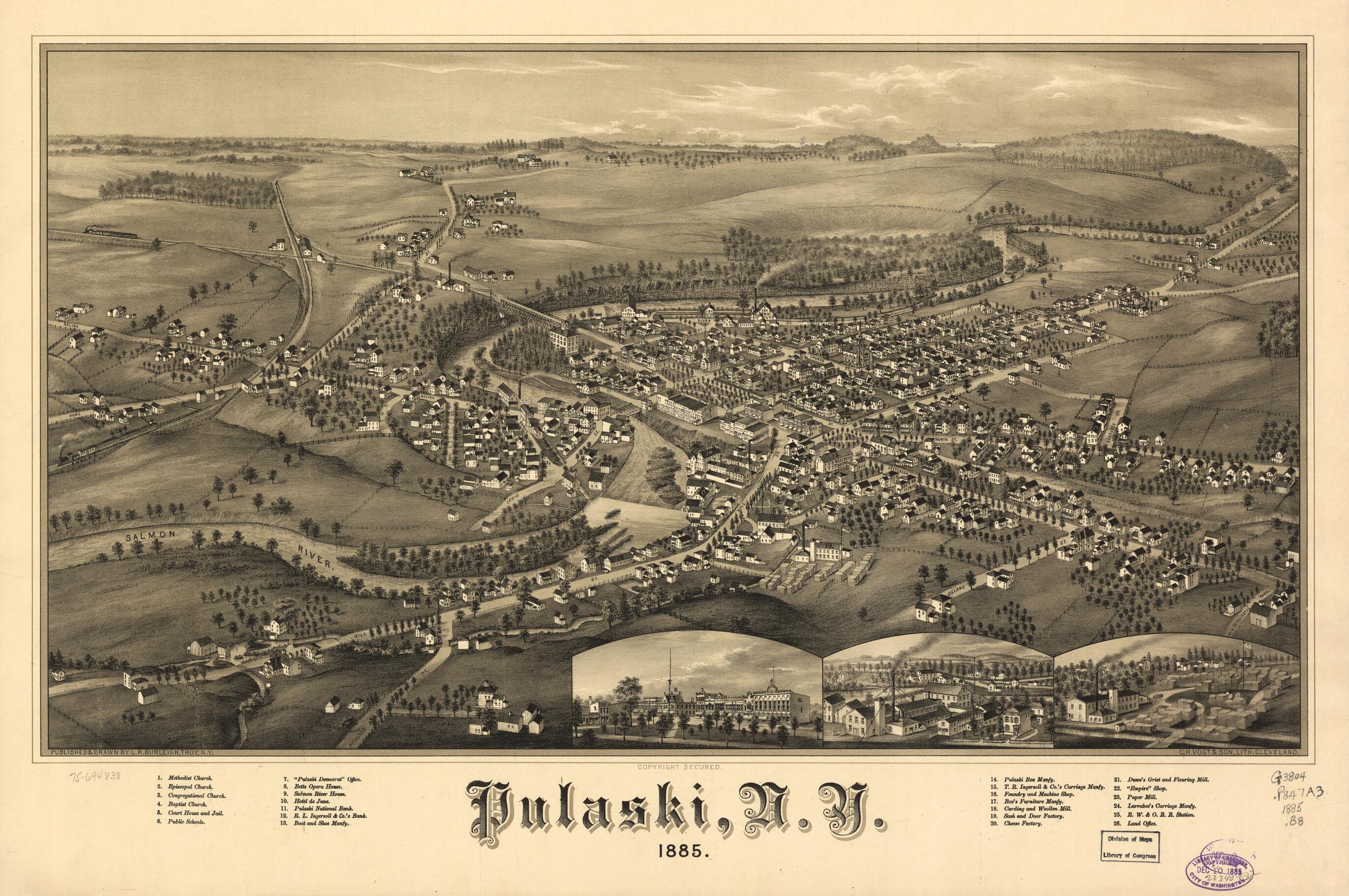 This old map of Pulaski, New York from 1885 was created by L. R. (Lucien R.) Burleigh, C.H. Vogt & Son in 1885