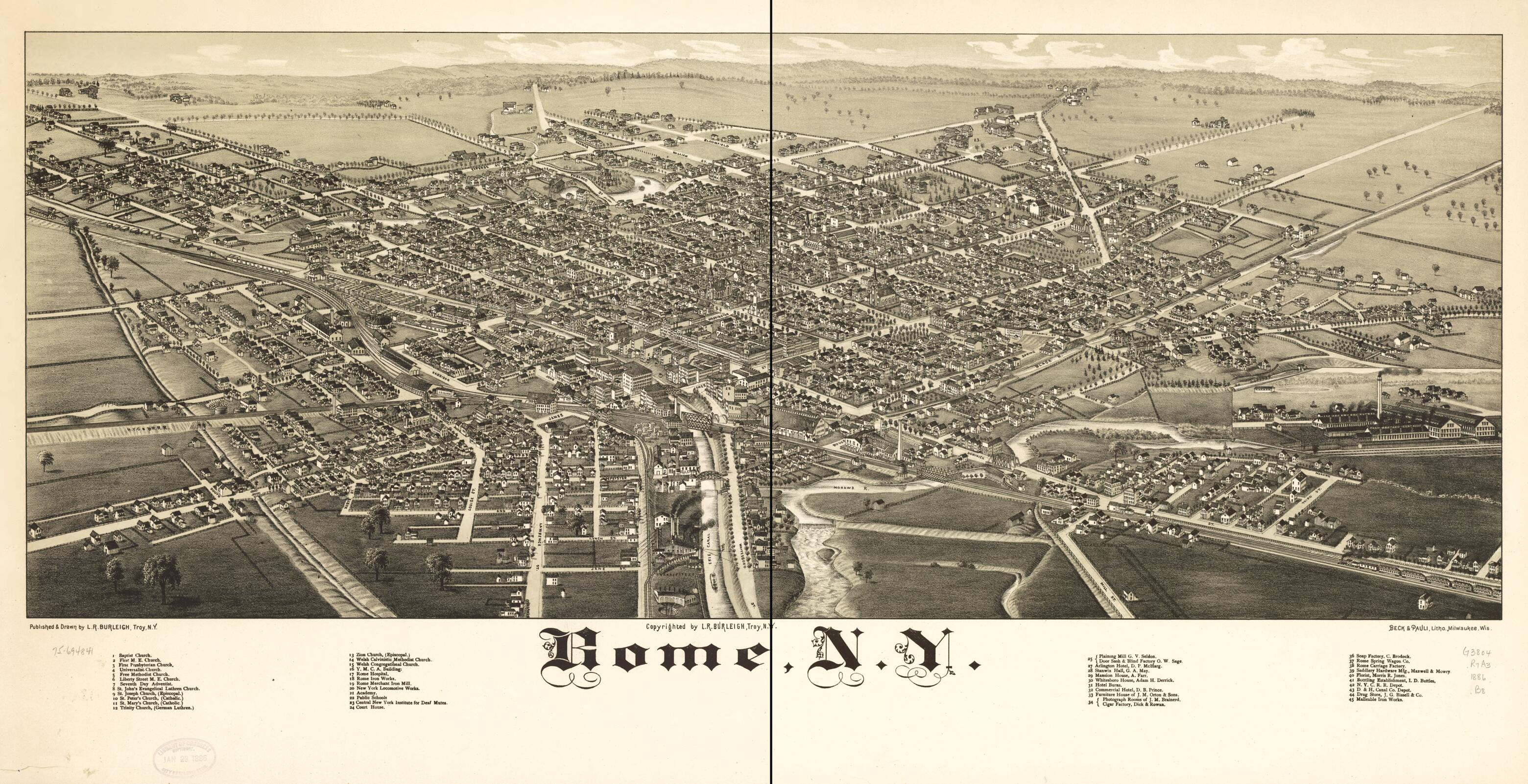 This old map of Rome, New York from 1886 was created by Beck & Pauli, L. R. (Lucien R.) Burleigh in 1886