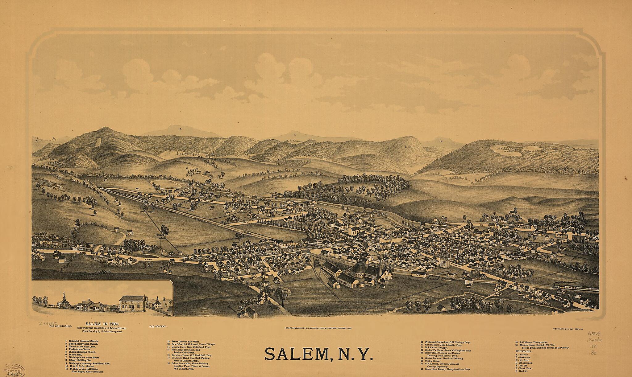 This old map of Salem, New York from 1889 was created by Burleigh Litho, L. R. (Lucien R.) Burleigh in 1889