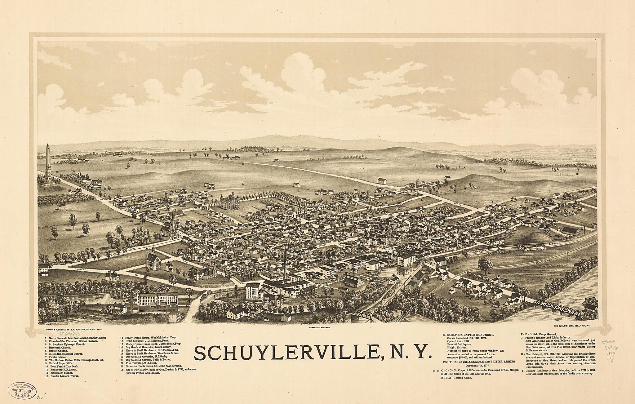 This old map of Schuylerville, New York from 1889 was created by Burleigh Litho, L. R. (Lucien R.) Burleigh in 1889