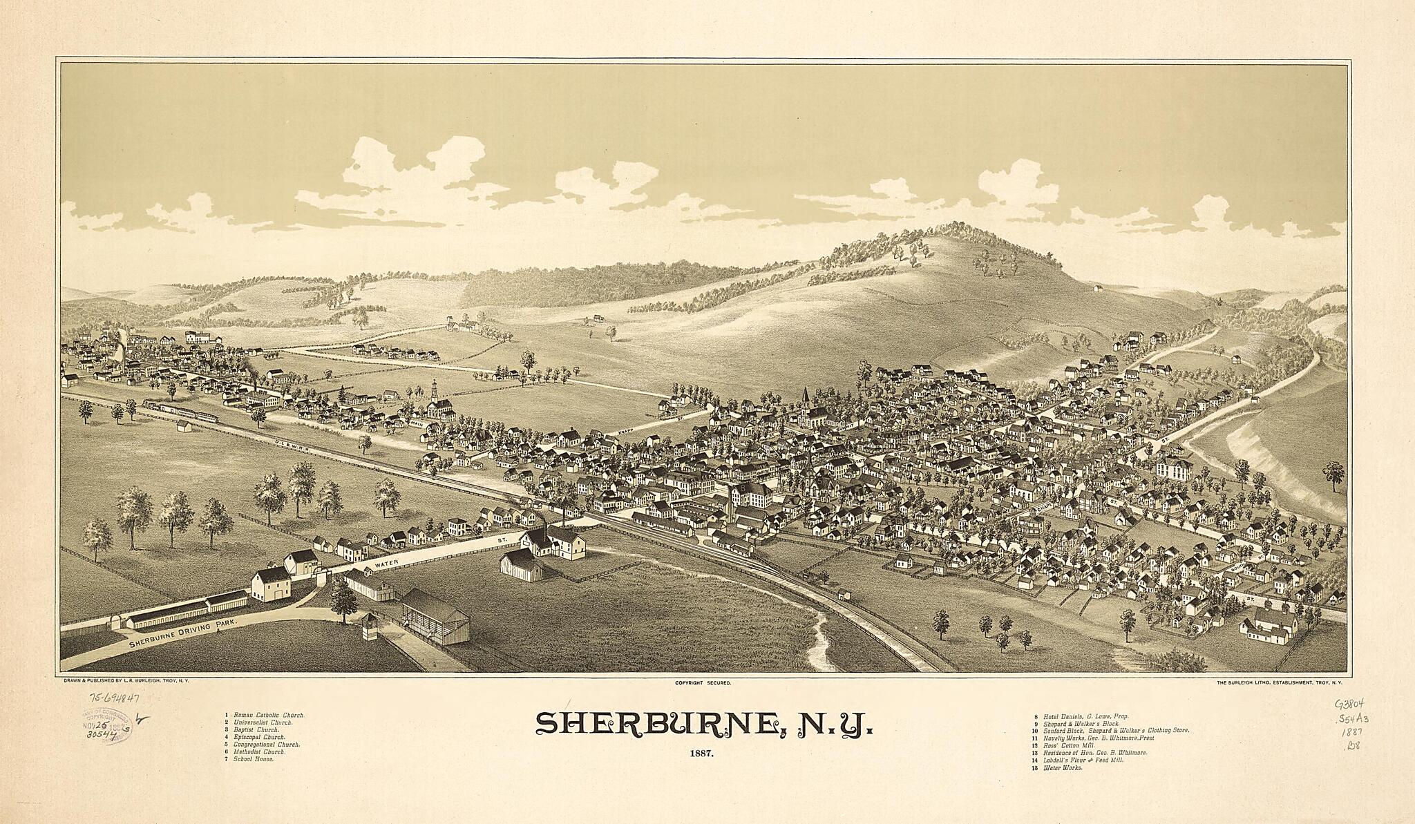 This old map of Sherburne, New York from 1887 was created by Burleigh Litho, L. R. (Lucien R.) Burleigh in 1887